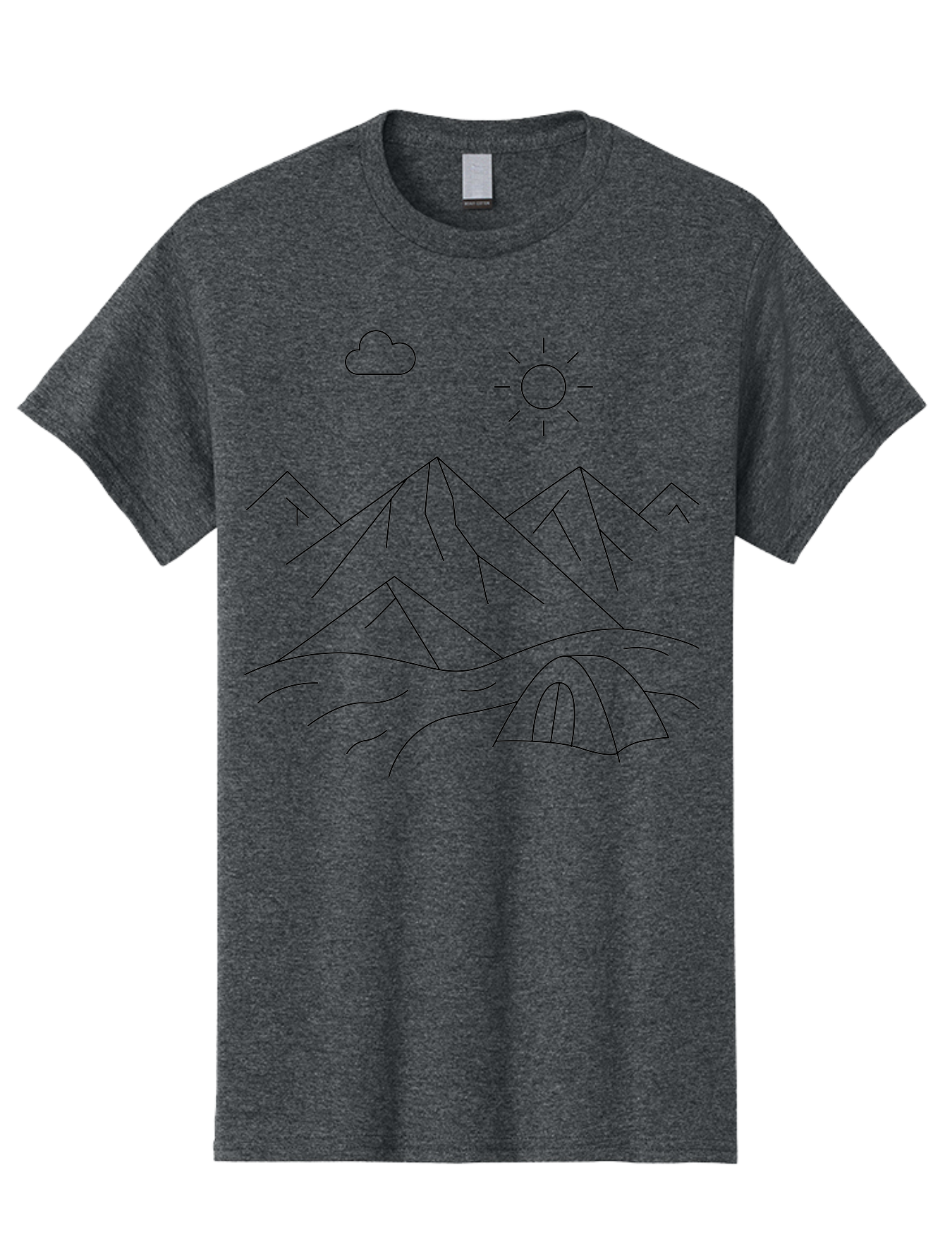 Tent-And-Mountain Men'S Graphic Tee, 100% Cotton, Comfortable Casual Summer Wear, Machine Washable, Mountain Landscape, Simple Line Art, Serene Atmosphere, Tent, Sun, Cloud, Minimalist Design, Outdoor Scenery, Natural Beauty, Camping -  Aaa215