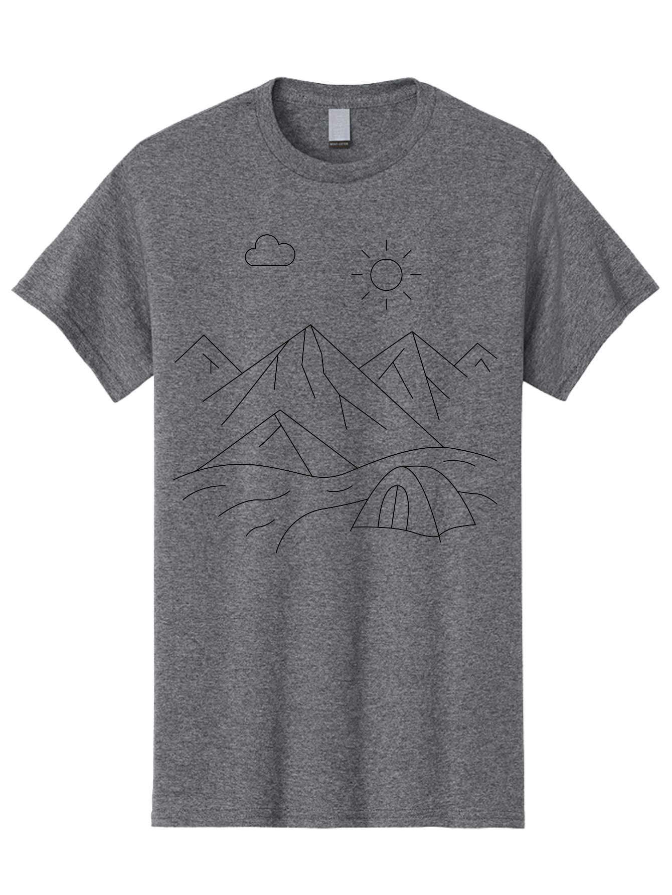 Tent-And-Mountain Men'S Graphic Tee, 100% Cotton, Comfortable Casual Summer Wear, Machine Washable, Mountain Landscape, Simple Line Art, Serene Atmosphere, Tent, Sun, Cloud, Minimalist Design, Outdoor Scenery, Natural Beauty, Camping -  Aaa215