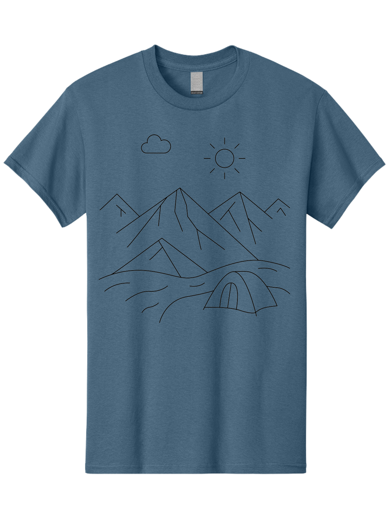 Tent-And-Mountain Men'S Graphic Tee, 100% Cotton, Comfortable Casual Summer Wear, Machine Washable, Mountain Landscape, Simple Line Art, Serene Atmosphere, Tent, Sun, Cloud, Minimalist Design, Outdoor Scenery, Natural Beauty, Camping -  Aaa215