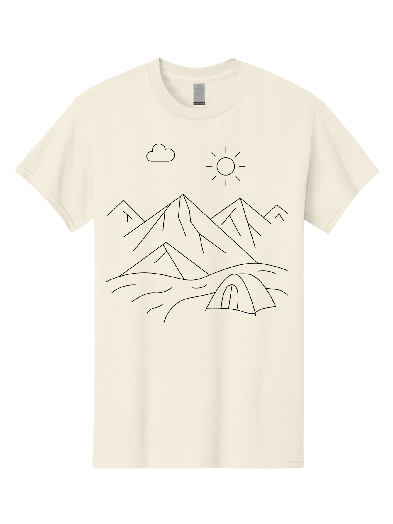 Tent-And-Mountain Men'S Graphic Tee, 100% Cotton, Comfortable Casual Summer Wear, Machine Washable, Mountain Landscape, Simple Line Art, Serene Atmosphere, Tent, Sun, Cloud, Minimalist Design, Outdoor Scenery, Natural Beauty, Camping -  Aaa215