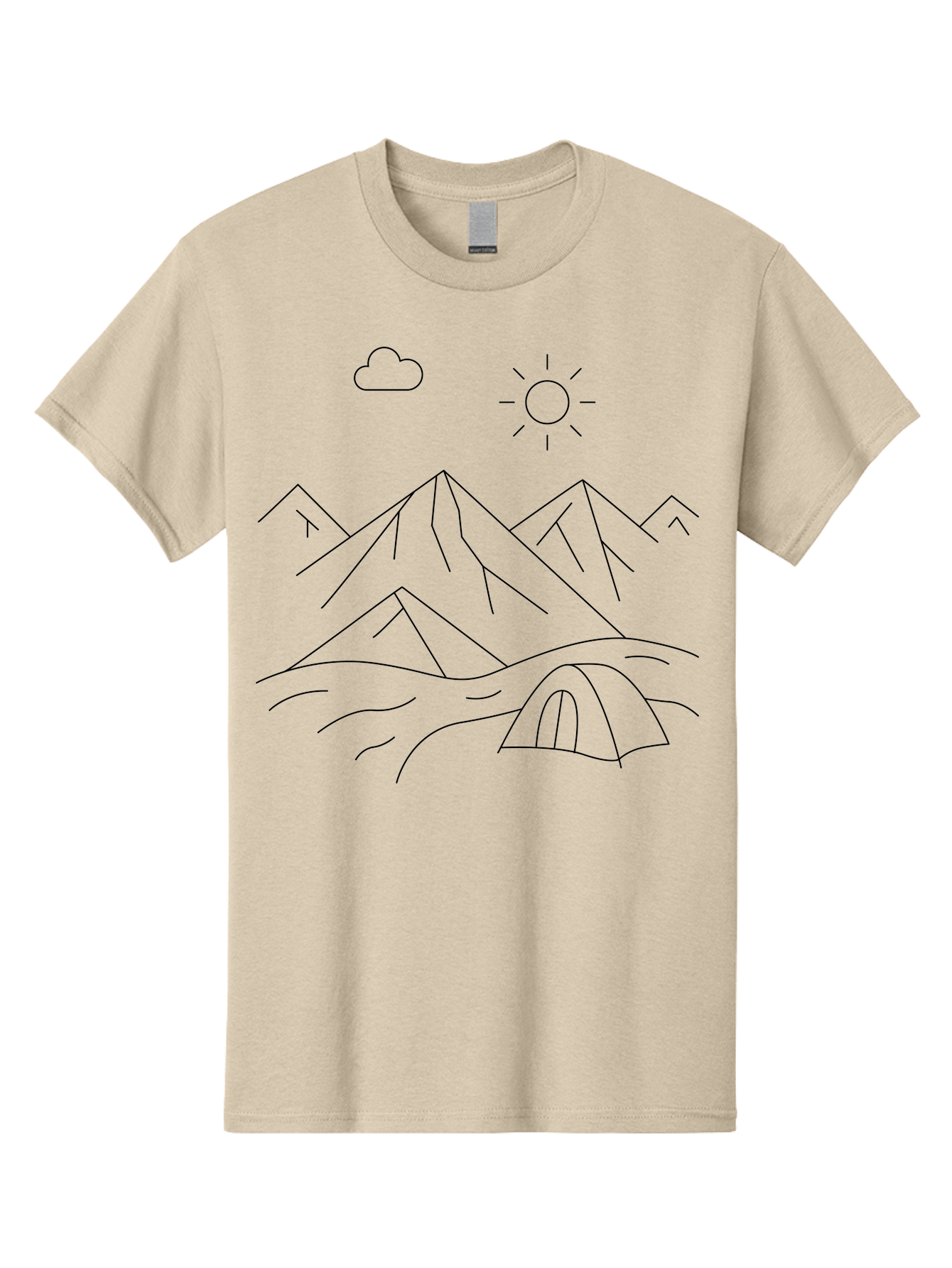 Tent-And-Mountain Men'S Graphic Tee, 100% Cotton, Comfortable Casual Summer Wear, Machine Washable, Mountain Landscape, Simple Line Art, Serene Atmosphere, Tent, Sun, Cloud, Minimalist Design, Outdoor Scenery, Natural Beauty, Camping -  Aaa215