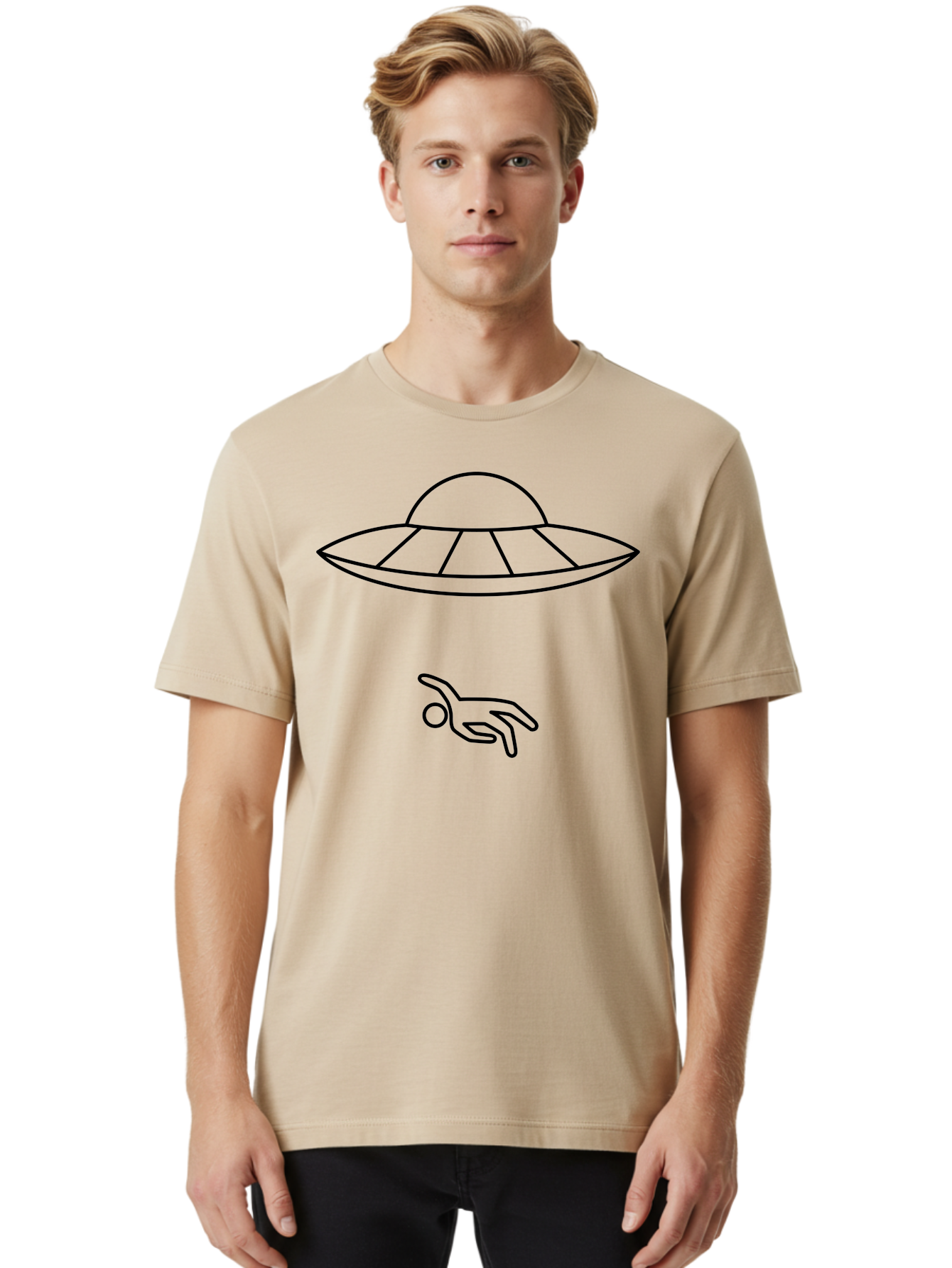 Ufo Men'S Graphic Tee, 100% Cotton, Comfortable Casual Summer Wear, Machine Washable, Ufo Sighting, Alien Encounter, Mysterious Hand, Black Outline, Simple Design, Pop Art Style, Modern Graphic, Minimalist Illustration, Outer Space, -  Aaa227