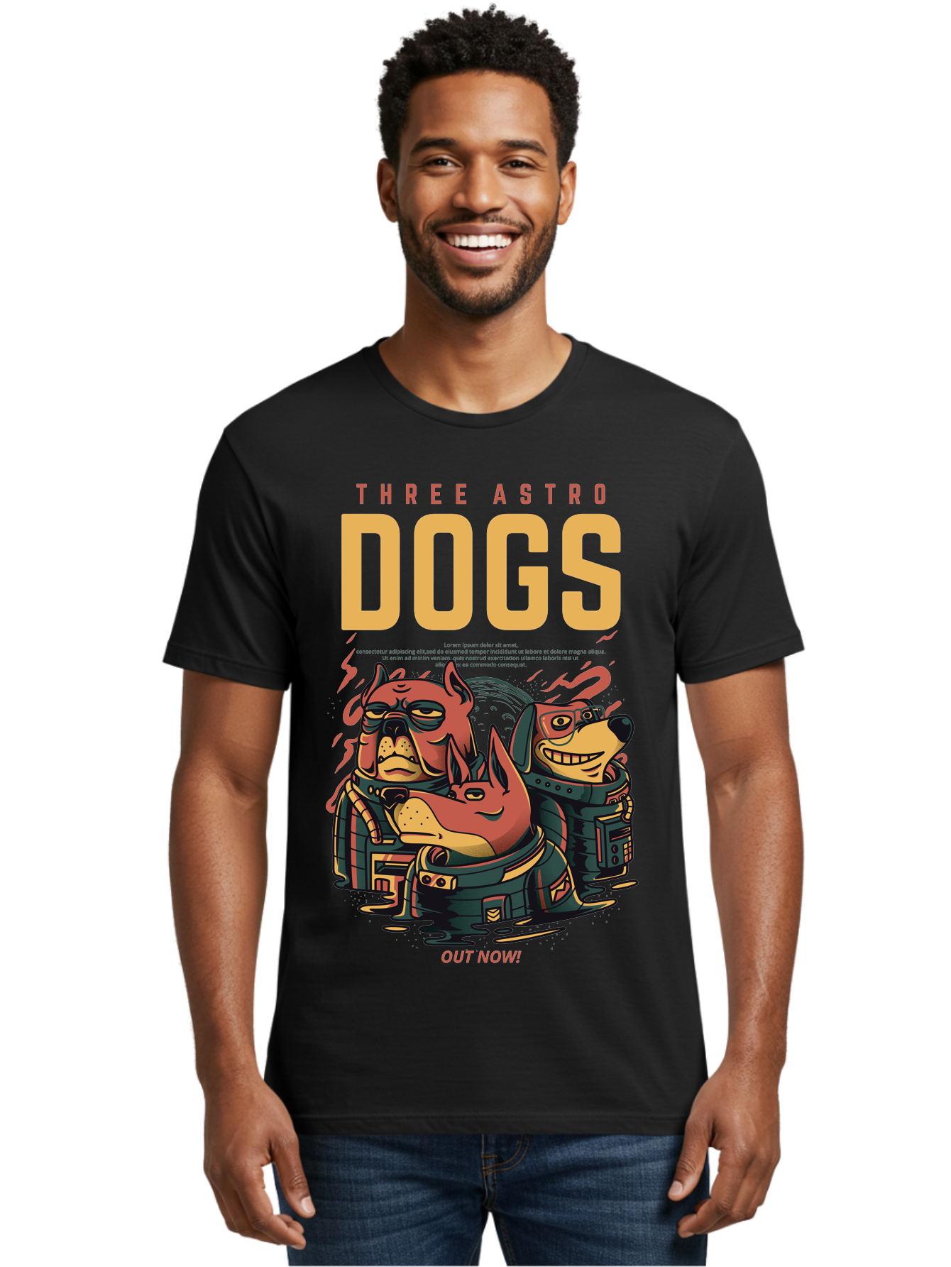 Three-Astronaut-Dogs Men'S Graphic Tee, 100% Cotton, Comfortable Casual Summer Wear, Machine Washable, Astronaut Dogs, Cartoon Characters, Space Adventure, Futuristic Artwork, Robotic Suits, Dog Illustrations, Retro-Futuristic Style, -  Aaa231