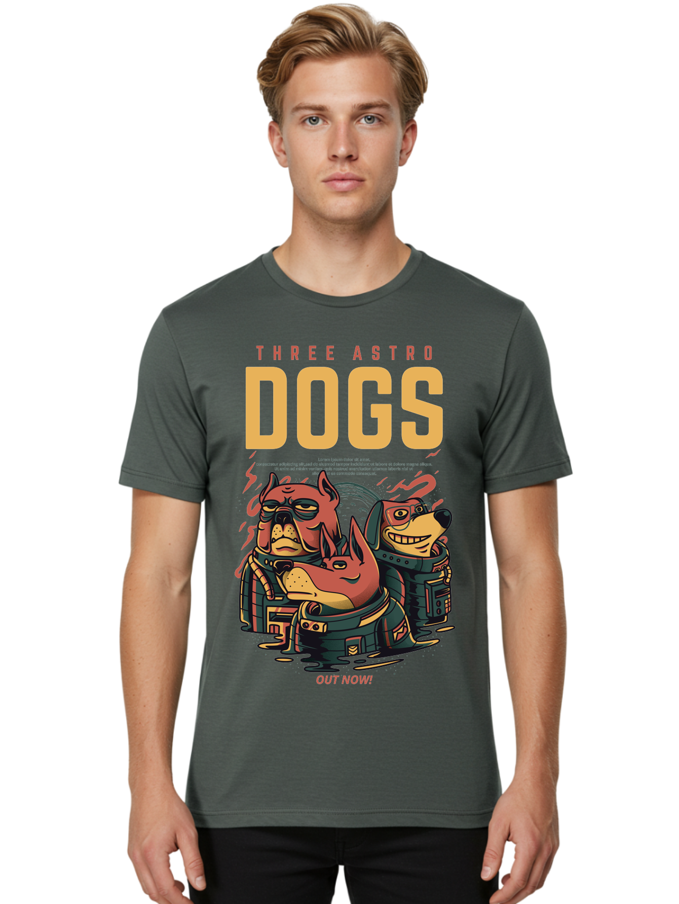 Three-Astronaut-Dogs Men'S Graphic Tee, 100% Cotton, Comfortable Casual Summer Wear, Machine Washable, Astronaut Dogs, Cartoon Characters, Space Adventure, Futuristic Artwork, Robotic Suits, Dog Illustrations, Retro-Futuristic Style, -  Aaa231