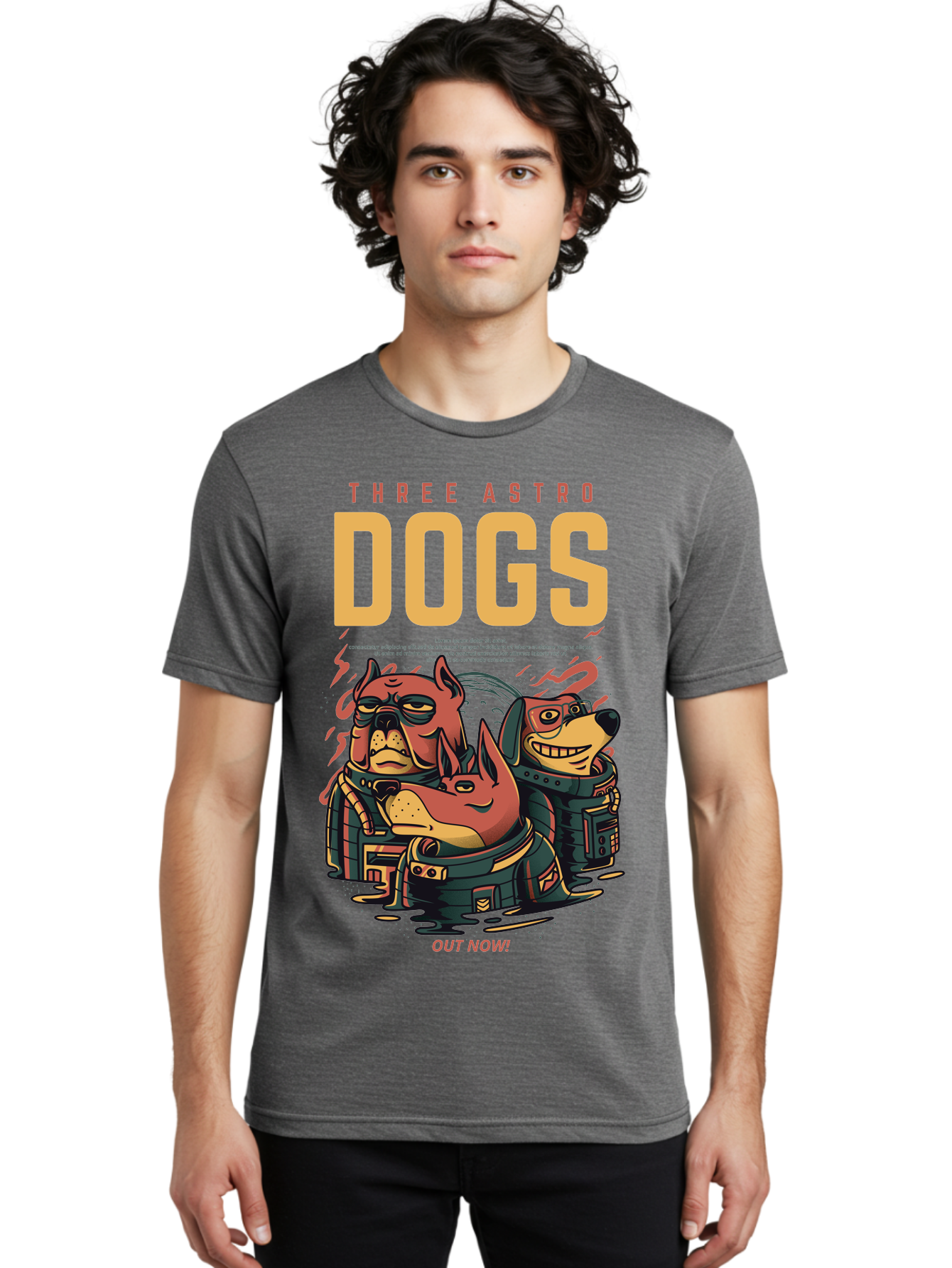 Three-Astronaut-Dogs Men'S Graphic Tee, 100% Cotton, Comfortable Casual Summer Wear, Machine Washable, Astronaut Dogs, Cartoon Characters, Space Adventure, Futuristic Artwork, Robotic Suits, Dog Illustrations, Retro-Futuristic Style, -  Aaa231
