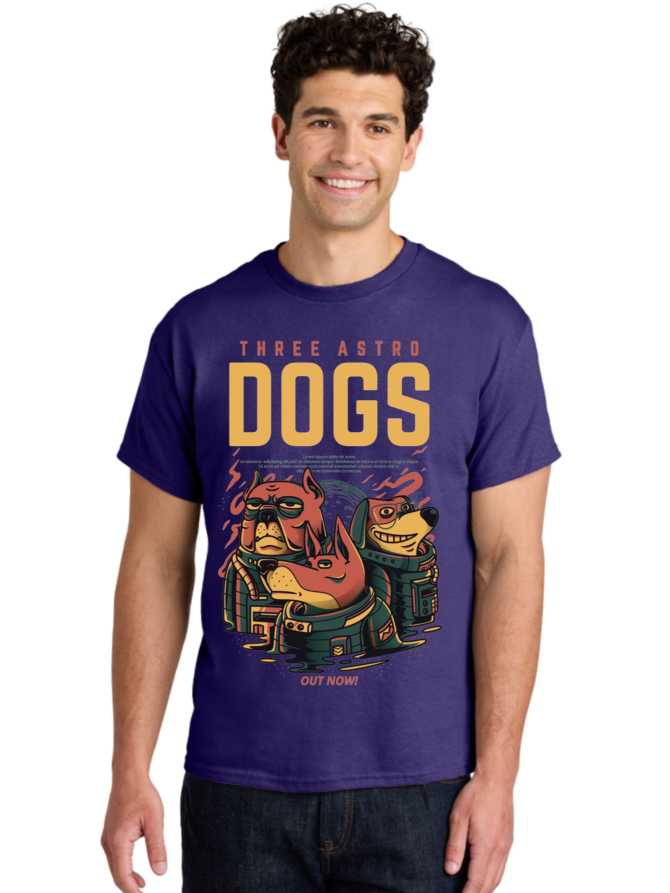 Three-Astronaut-Dogs Men'S Graphic Tee, 100% Cotton, Comfortable Casual Summer Wear, Machine Washable, Astronaut Dogs, Cartoon Characters, Space Adventure, Futuristic Artwork, Robotic Suits, Dog Illustrations, Retro-Futuristic Style, -  Aaa231