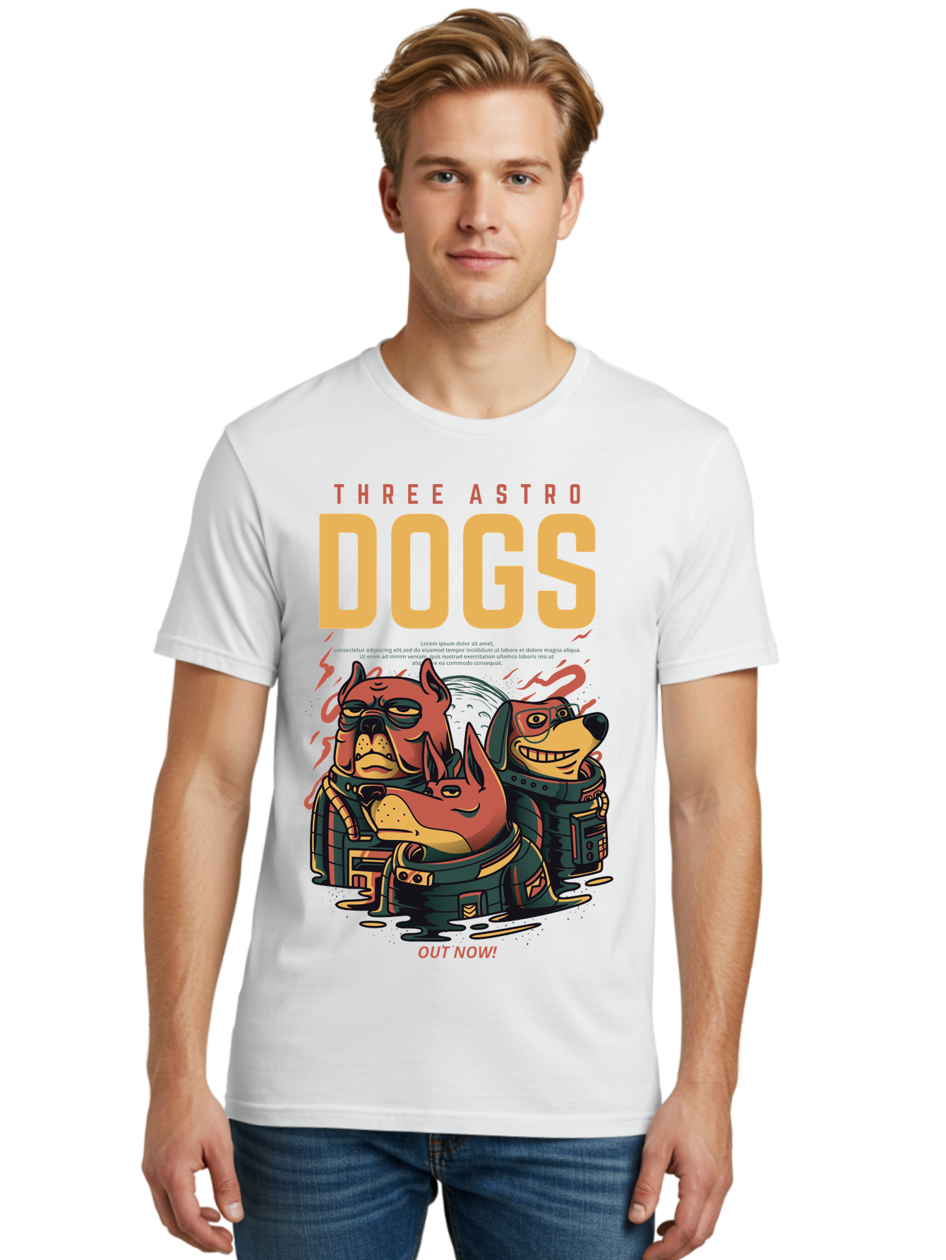 Three-Astronaut-Dogs Men'S Graphic Tee, 100% Cotton, Comfortable Casual Summer Wear, Machine Washable, Astronaut Dogs, Cartoon Characters, Space Adventure, Futuristic Artwork, Robotic Suits, Dog Illustrations, Retro-Futuristic Style, -  Aaa231