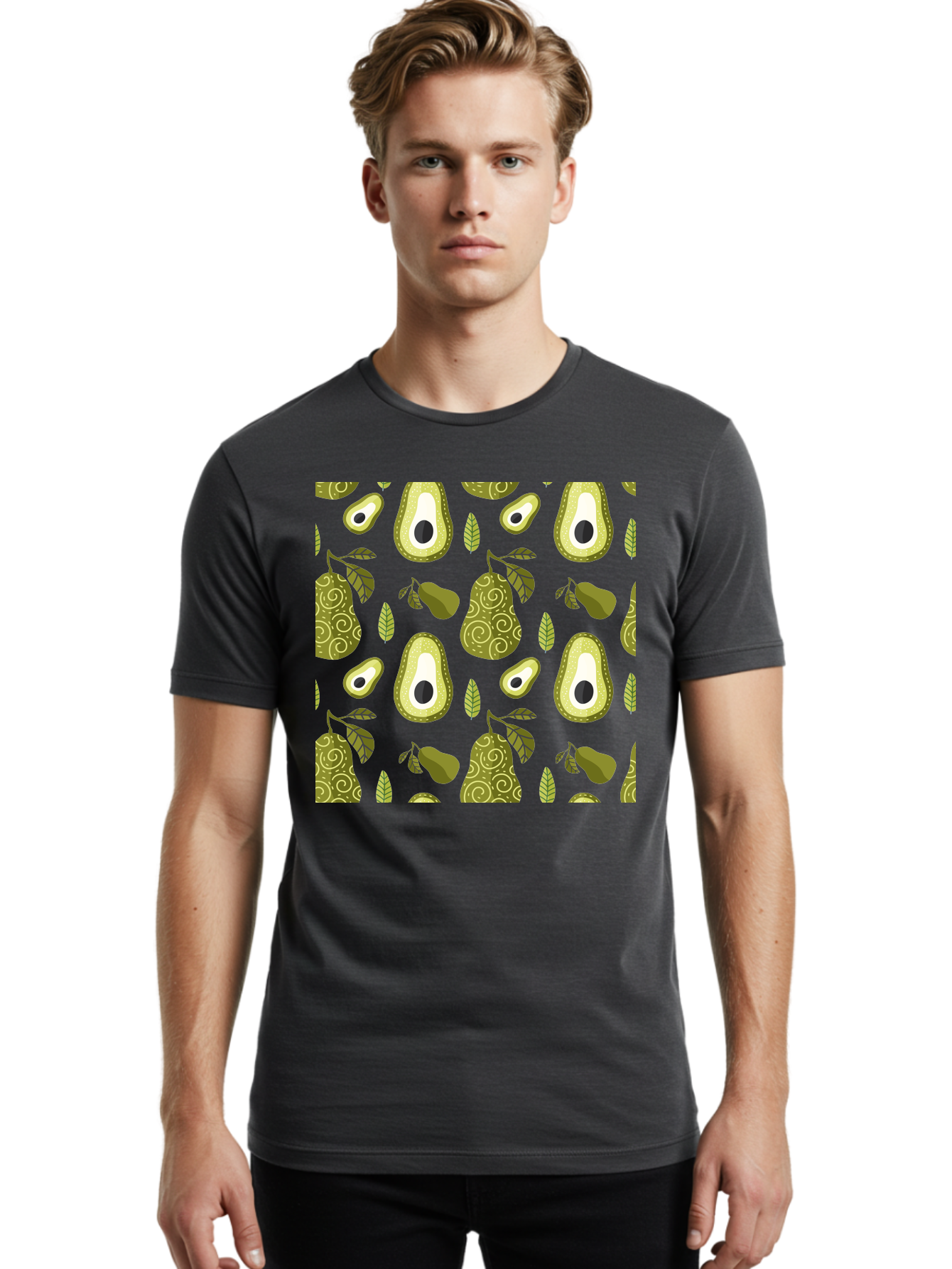 Avocado-Pattern Men'S Graphic Tee, 100% Cotton, Comfortable Casual Summer Wear, Machine Washable, Avocado Pattern, Half Avocados, Whole Avocados, Leaves, Swirls, Food Illustration, Healthy Eating, Organic Produce, Kitchen Decor, -  Aaa232
