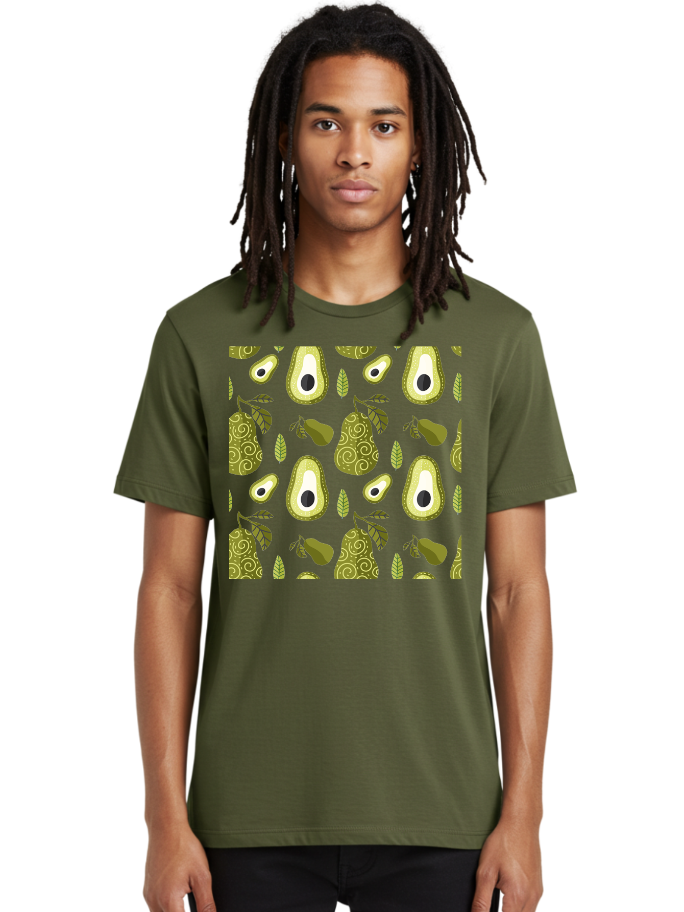 Avocado-Pattern Men'S Graphic Tee, 100% Cotton, Comfortable Casual Summer Wear, Machine Washable, Avocado Pattern, Half Avocados, Whole Avocados, Leaves, Swirls, Food Illustration, Healthy Eating, Organic Produce, Kitchen Decor, -  Aaa232