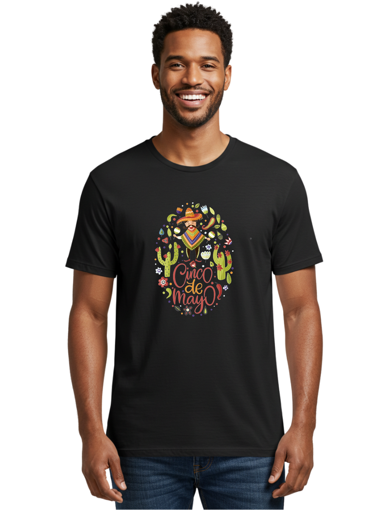 Cinco-De-Mayo Men'S Graphic Tee, 100% Cotton, Comfortable Casual Summer Wear, Machine Washable, Mexican Man, Sombrero, Poncho, Mustache, Maracas, Cacti, Flowers, Butterflies, Birds, Festive Atmosphere, Latin Culture, Holiday Celebration, -  Aaa240