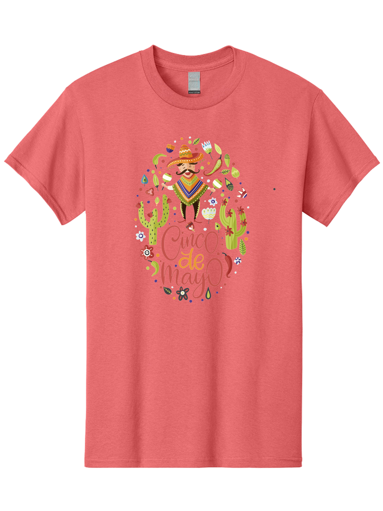 Cinco-De-Mayo Men'S Graphic Tee, 100% Cotton, Comfortable Casual Summer Wear, Machine Washable, Mexican Man, Sombrero, Poncho, Mustache, Maracas, Cacti, Flowers, Butterflies, Birds, Festive Atmosphere, Latin Culture, Holiday Celebration, -  Aaa240
