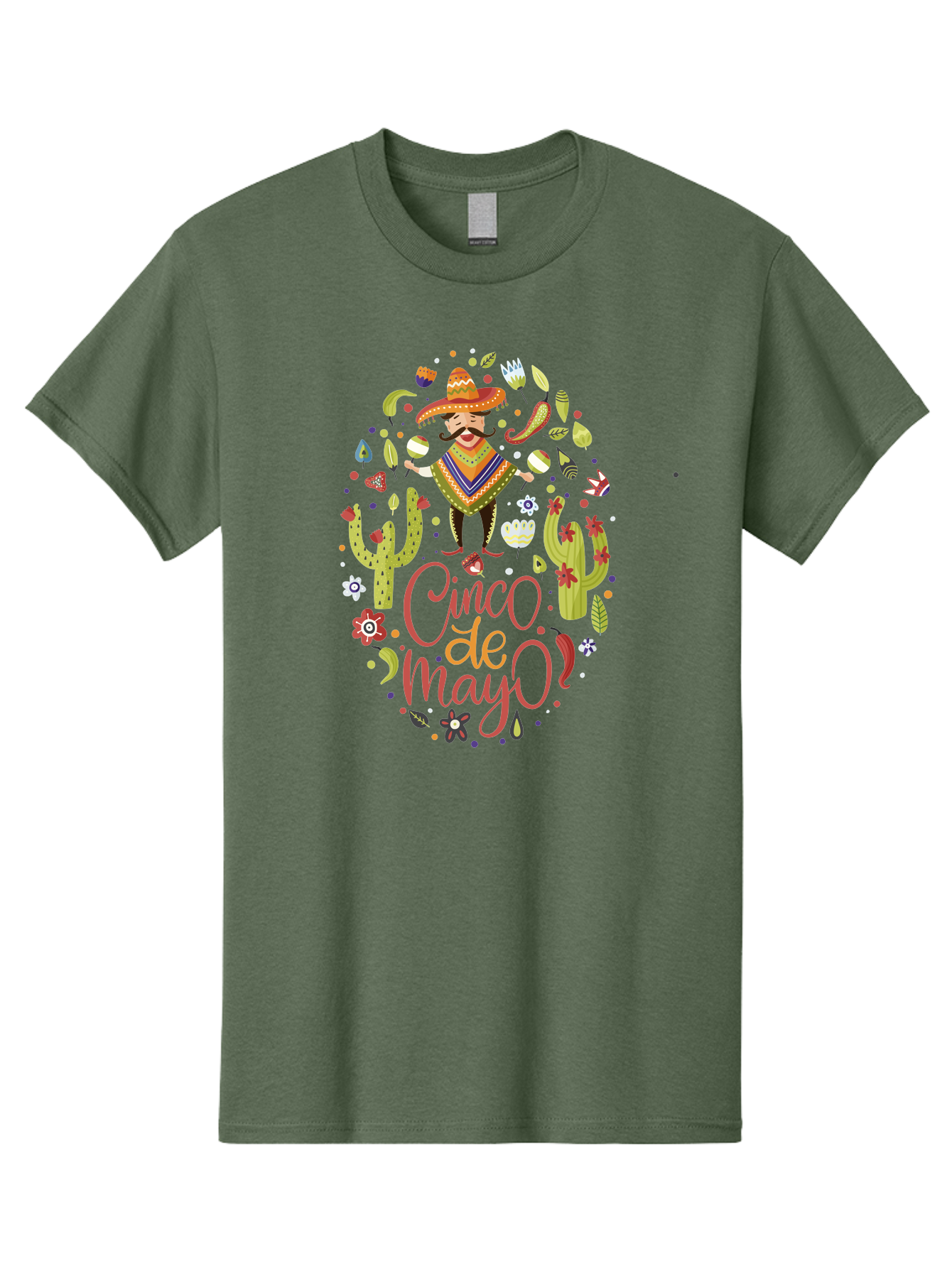 Cinco-De-Mayo Men'S Graphic Tee, 100% Cotton, Comfortable Casual Summer Wear, Machine Washable, Mexican Man, Sombrero, Poncho, Mustache, Maracas, Cacti, Flowers, Butterflies, Birds, Festive Atmosphere, Latin Culture, Holiday Celebration, -  Aaa240