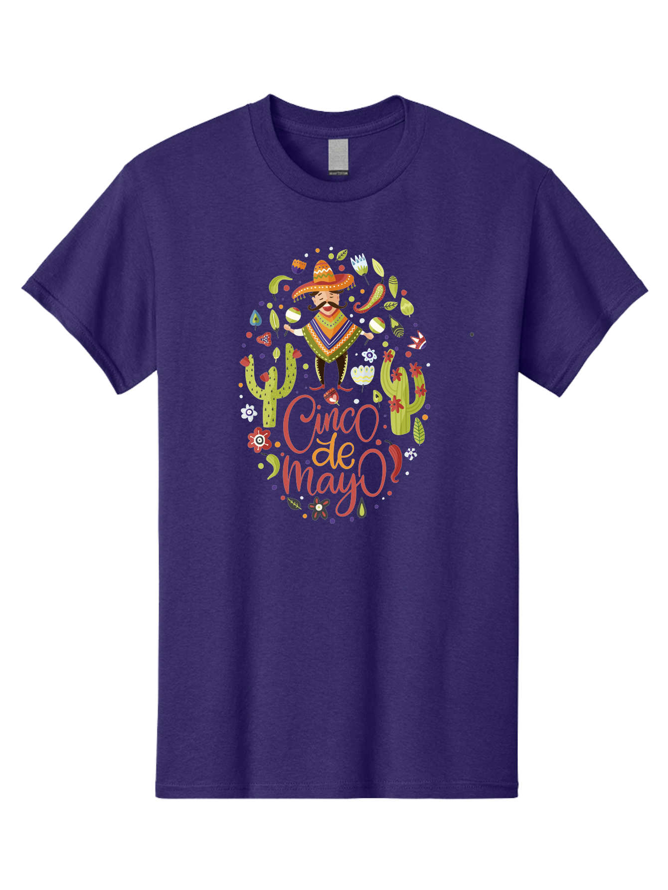 Cinco-De-Mayo Men'S Graphic Tee, 100% Cotton, Comfortable Casual Summer Wear, Machine Washable, Mexican Man, Sombrero, Poncho, Mustache, Maracas, Cacti, Flowers, Butterflies, Birds, Festive Atmosphere, Latin Culture, Holiday Celebration, -  Aaa240