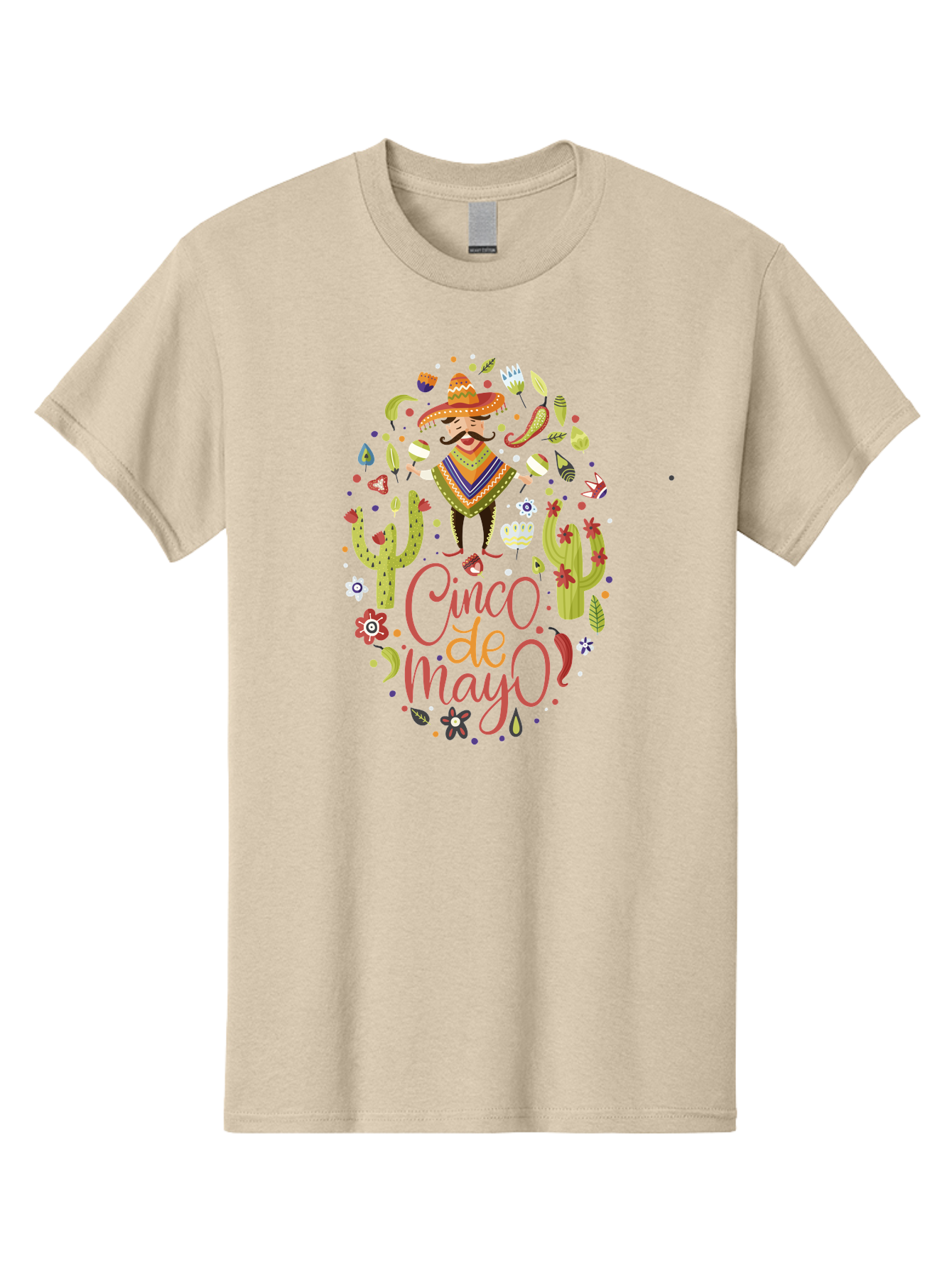 Cinco-De-Mayo Men'S Graphic Tee, 100% Cotton, Comfortable Casual Summer Wear, Machine Washable, Mexican Man, Sombrero, Poncho, Mustache, Maracas, Cacti, Flowers, Butterflies, Birds, Festive Atmosphere, Latin Culture, Holiday Celebration, -  Aaa240