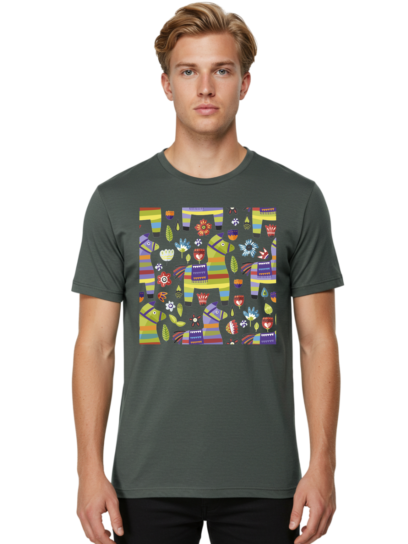 Colorful-Pattern Men'S Graphic Tee, 100% Cotton, Comfortable Casual Summer Wear, Machine Washable, Colorful Fish Pattern, Vibrant Flowers, Playful Design, Striped Elements, Whimsical Shapes, Abstract Art -  Aaa241