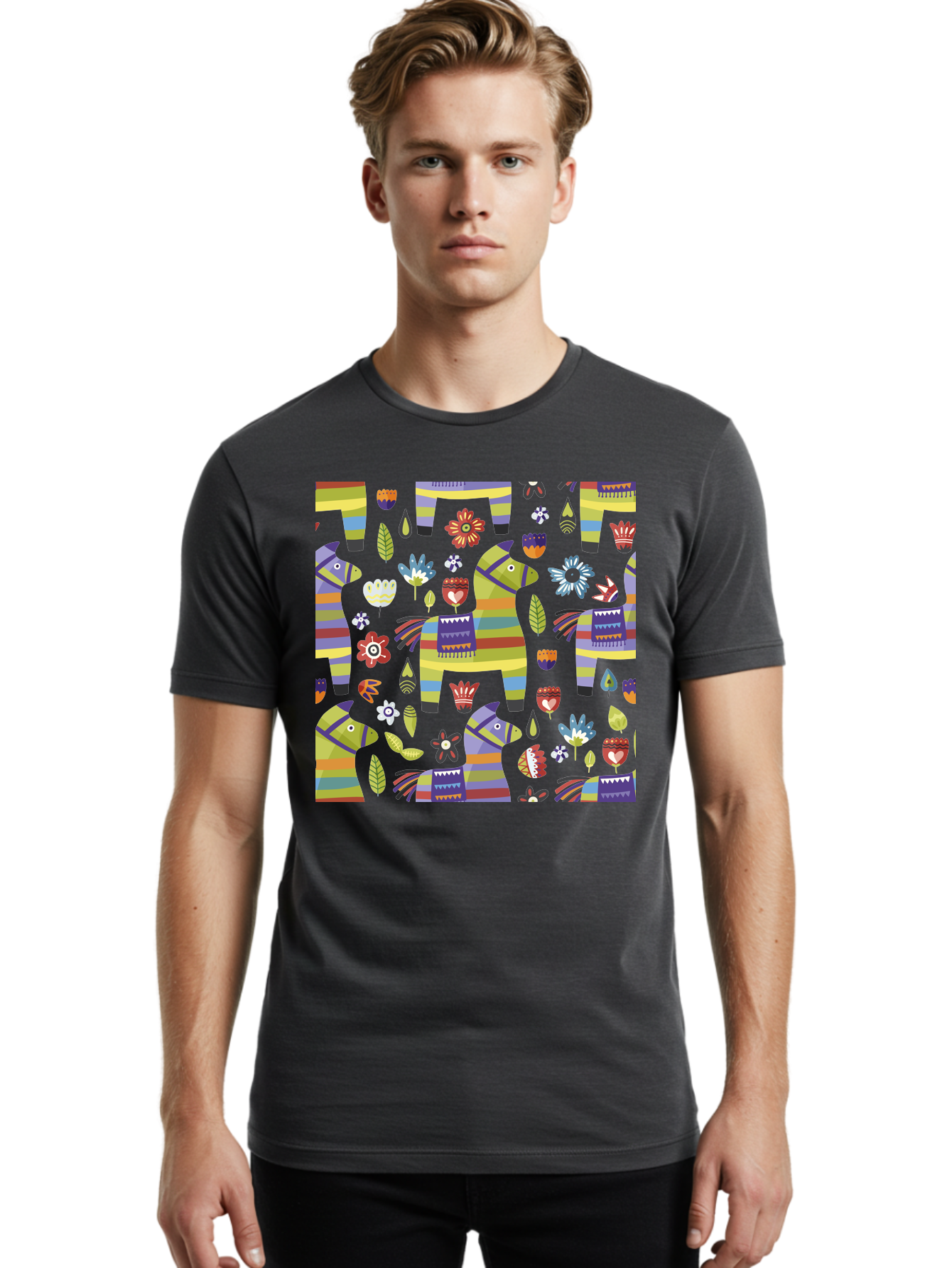 Colorful-Pattern Men'S Graphic Tee, 100% Cotton, Comfortable Casual Summer Wear, Machine Washable, Colorful Fish Pattern, Vibrant Flowers, Playful Design, Striped Elements, Whimsical Shapes, Abstract Art -  Aaa241