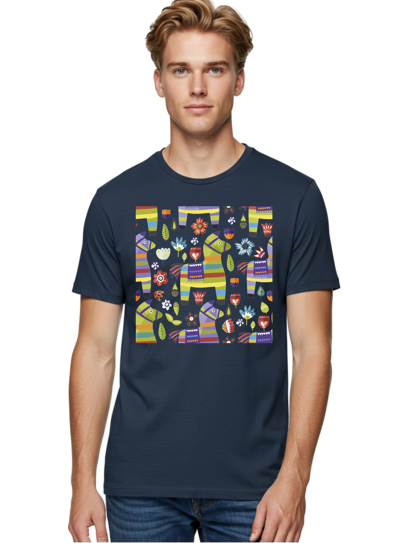 Colorful-Pattern Men'S Graphic Tee, 100% Cotton, Comfortable Casual Summer Wear, Machine Washable, Colorful Fish Pattern, Vibrant Flowers, Playful Design, Striped Elements, Whimsical Shapes, Abstract Art -  Aaa241