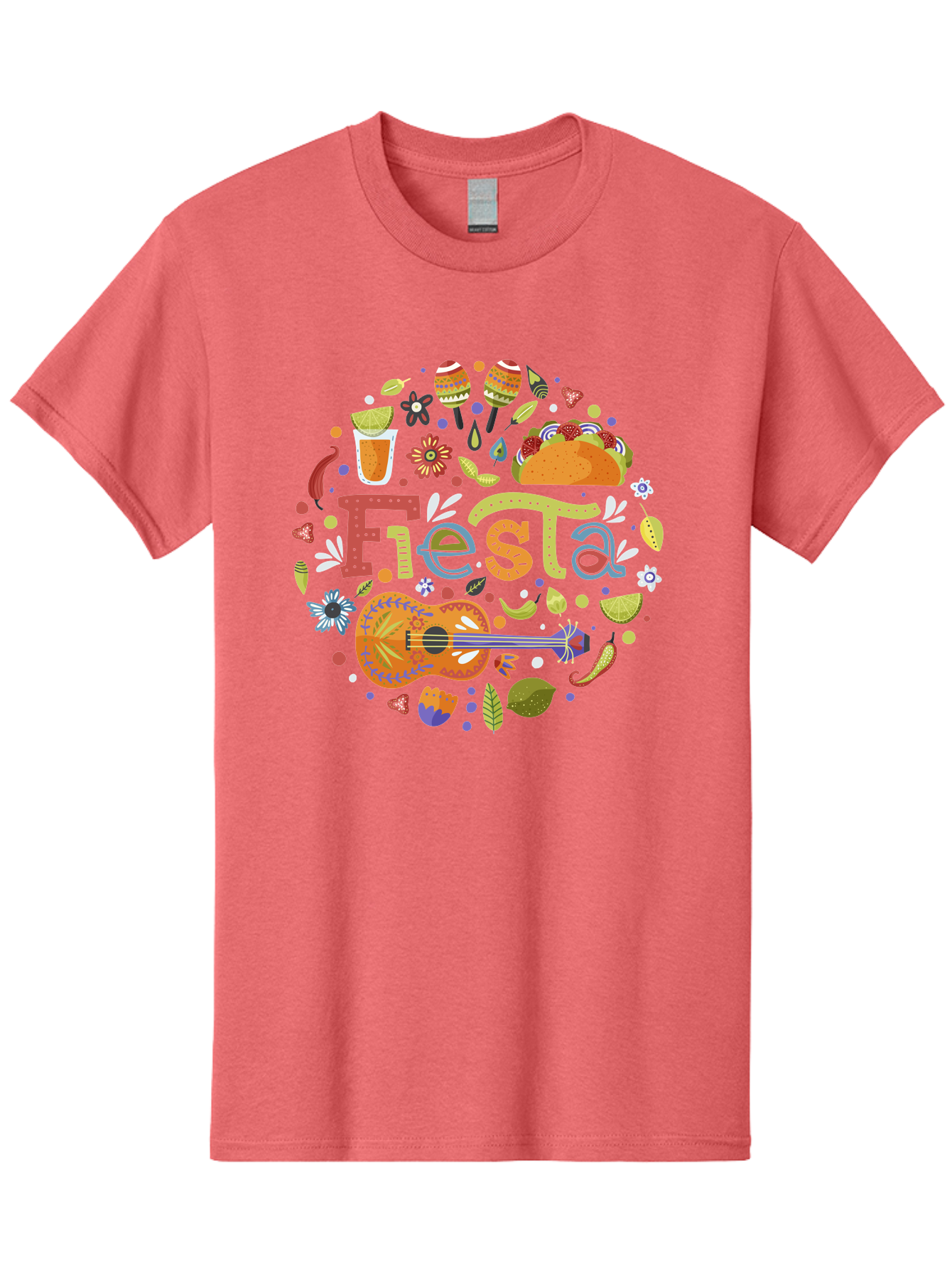 Festa Men'S Graphic Tee, 100% Cotton, Comfortable Casual Summer Wear, Machine Washable, Festival Vibes, Colorful Illustration, Mexican Food, Drinks, Flowers, Guitar, Maracas, Lively Celebration, Vibrant Colors, Festive Atmosphere, Party, -  Aaa242