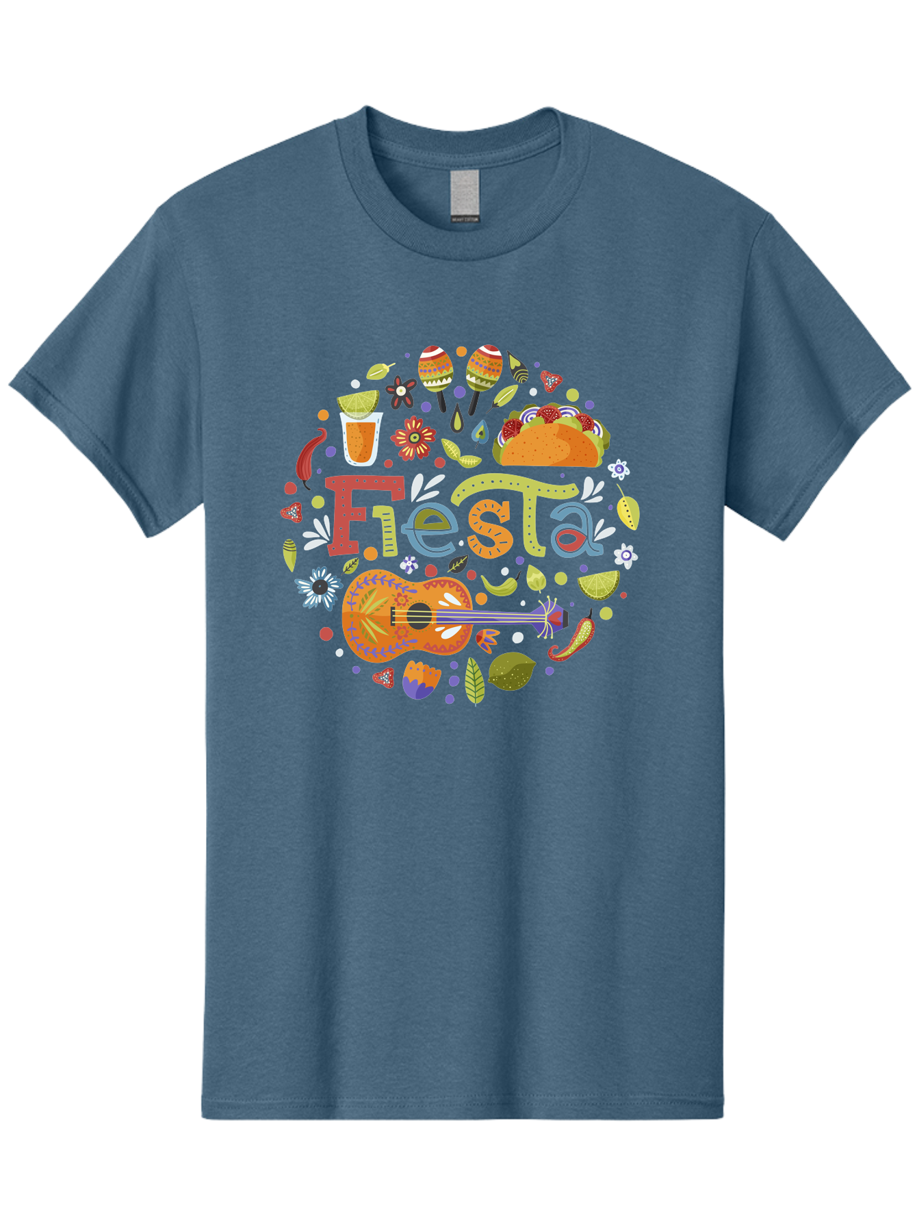 Festa Men'S Graphic Tee, 100% Cotton, Comfortable Casual Summer Wear, Machine Washable, Festival Vibes, Colorful Illustration, Mexican Food, Drinks, Flowers, Guitar, Maracas, Lively Celebration, Vibrant Colors, Festive Atmosphere, Party, -  Aaa242
