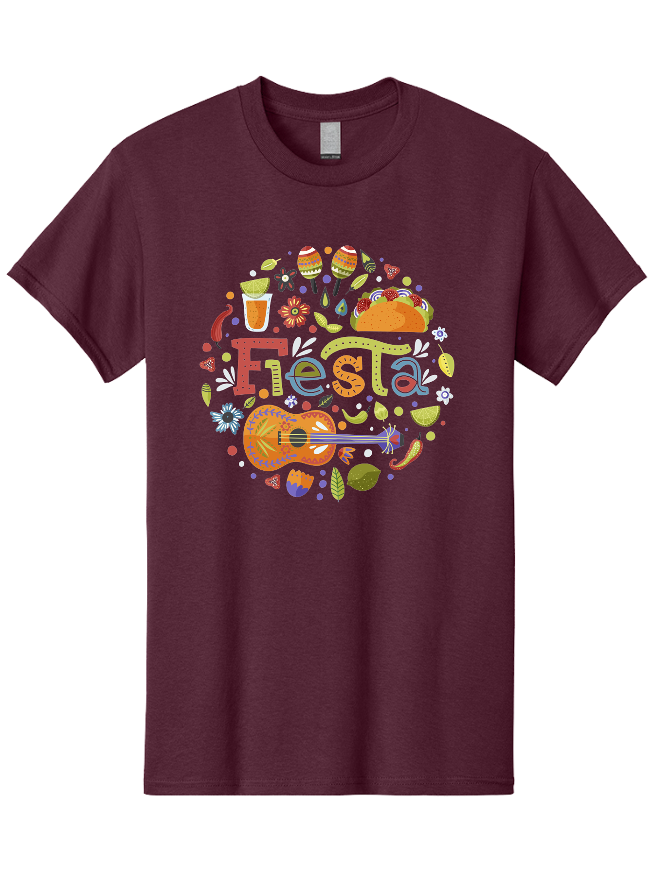 Festa Men'S Graphic Tee, 100% Cotton, Comfortable Casual Summer Wear, Machine Washable, Festival Vibes, Colorful Illustration, Mexican Food, Drinks, Flowers, Guitar, Maracas, Lively Celebration, Vibrant Colors, Festive Atmosphere, Party, -  Aaa242