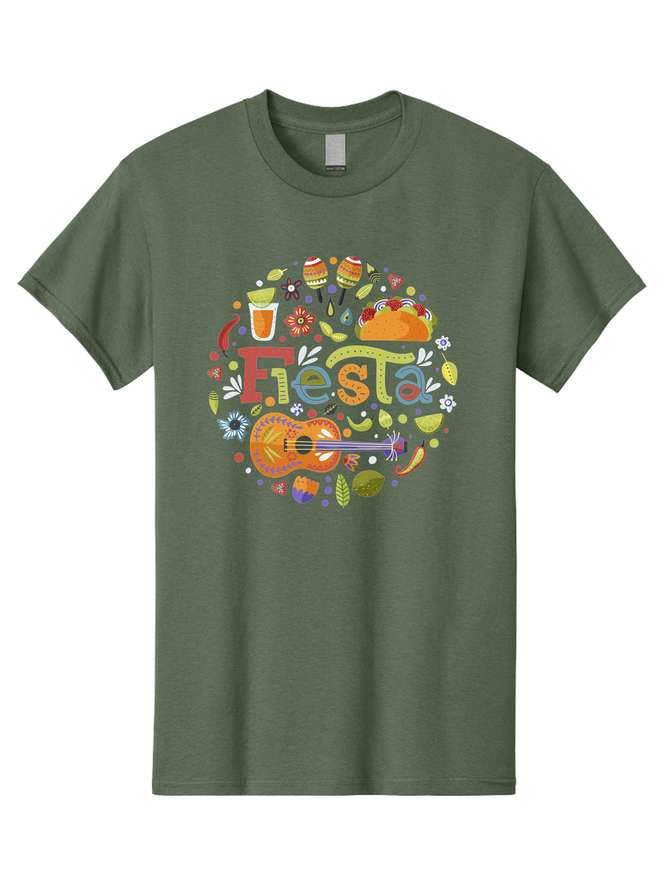 Festa Men'S Graphic Tee, 100% Cotton, Comfortable Casual Summer Wear, Machine Washable, Festival Vibes, Colorful Illustration, Mexican Food, Drinks, Flowers, Guitar, Maracas, Lively Celebration, Vibrant Colors, Festive Atmosphere, Party, -  Aaa242