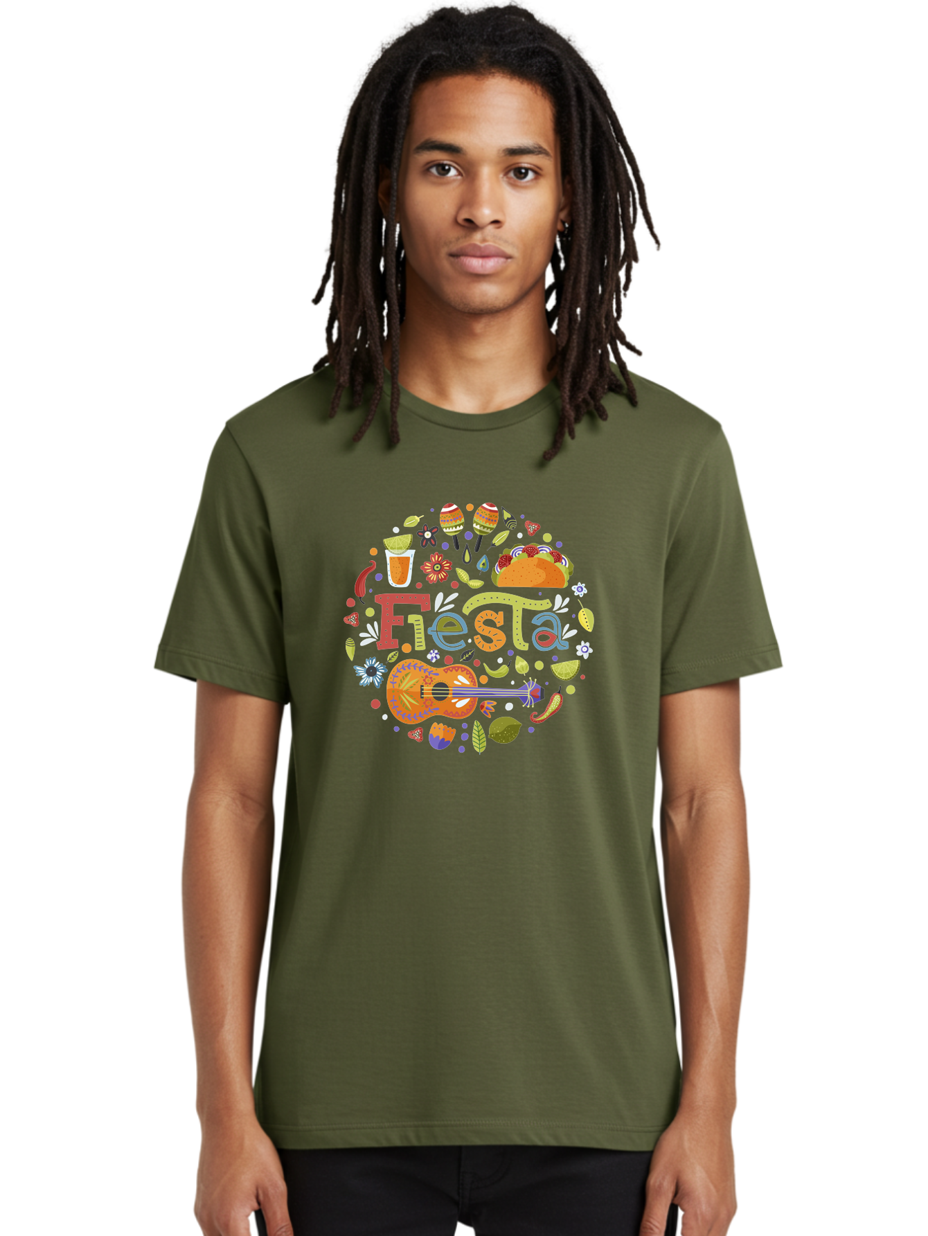 Festa Men'S Graphic Tee, 100% Cotton, Comfortable Casual Summer Wear, Machine Washable, Festival Vibes, Colorful Illustration, Mexican Food, Drinks, Flowers, Guitar, Maracas, Lively Celebration, Vibrant Colors, Festive Atmosphere, Party, -  Aaa242