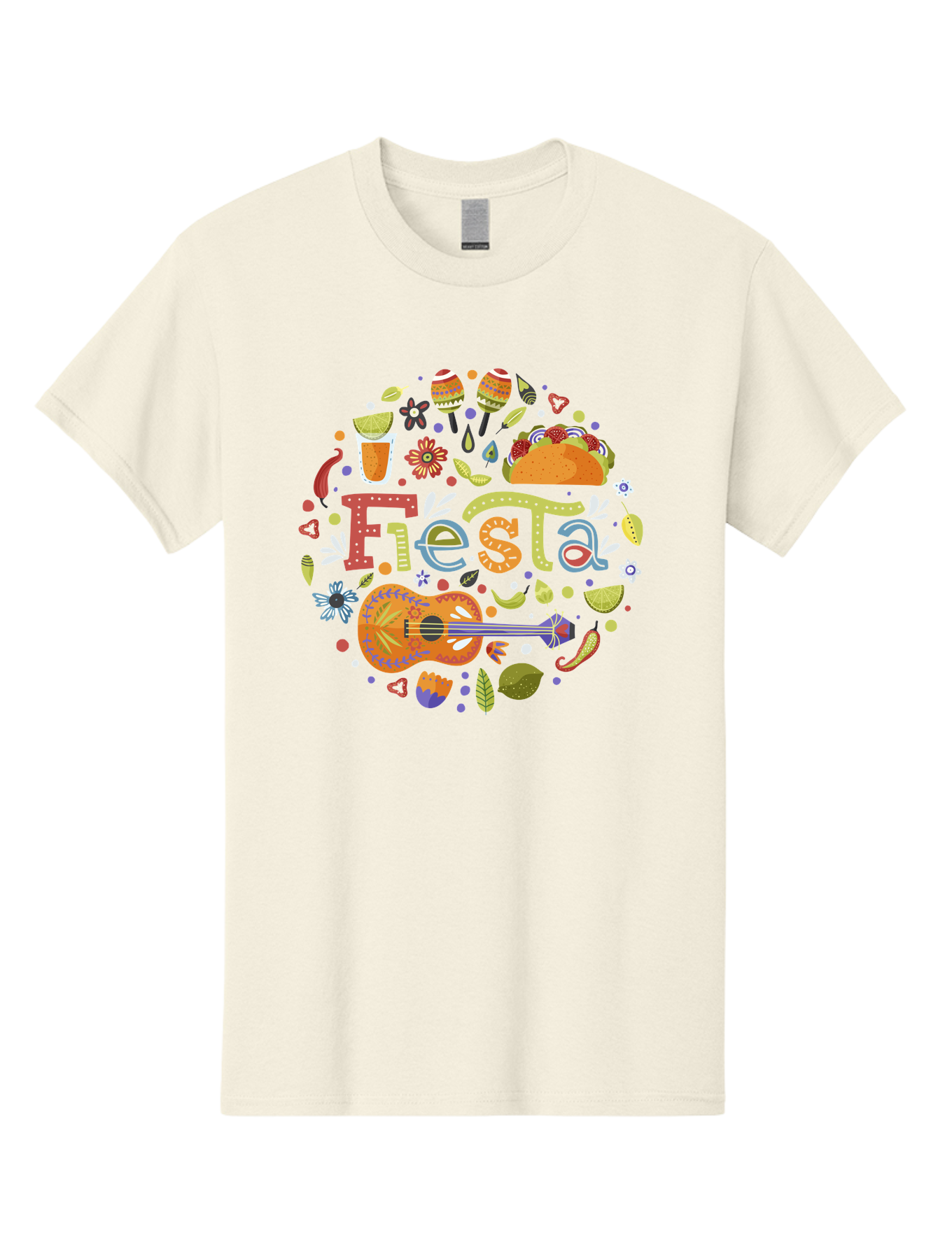 Festa Men'S Graphic Tee, 100% Cotton, Comfortable Casual Summer Wear, Machine Washable, Festival Vibes, Colorful Illustration, Mexican Food, Drinks, Flowers, Guitar, Maracas, Lively Celebration, Vibrant Colors, Festive Atmosphere, Party, -  Aaa242