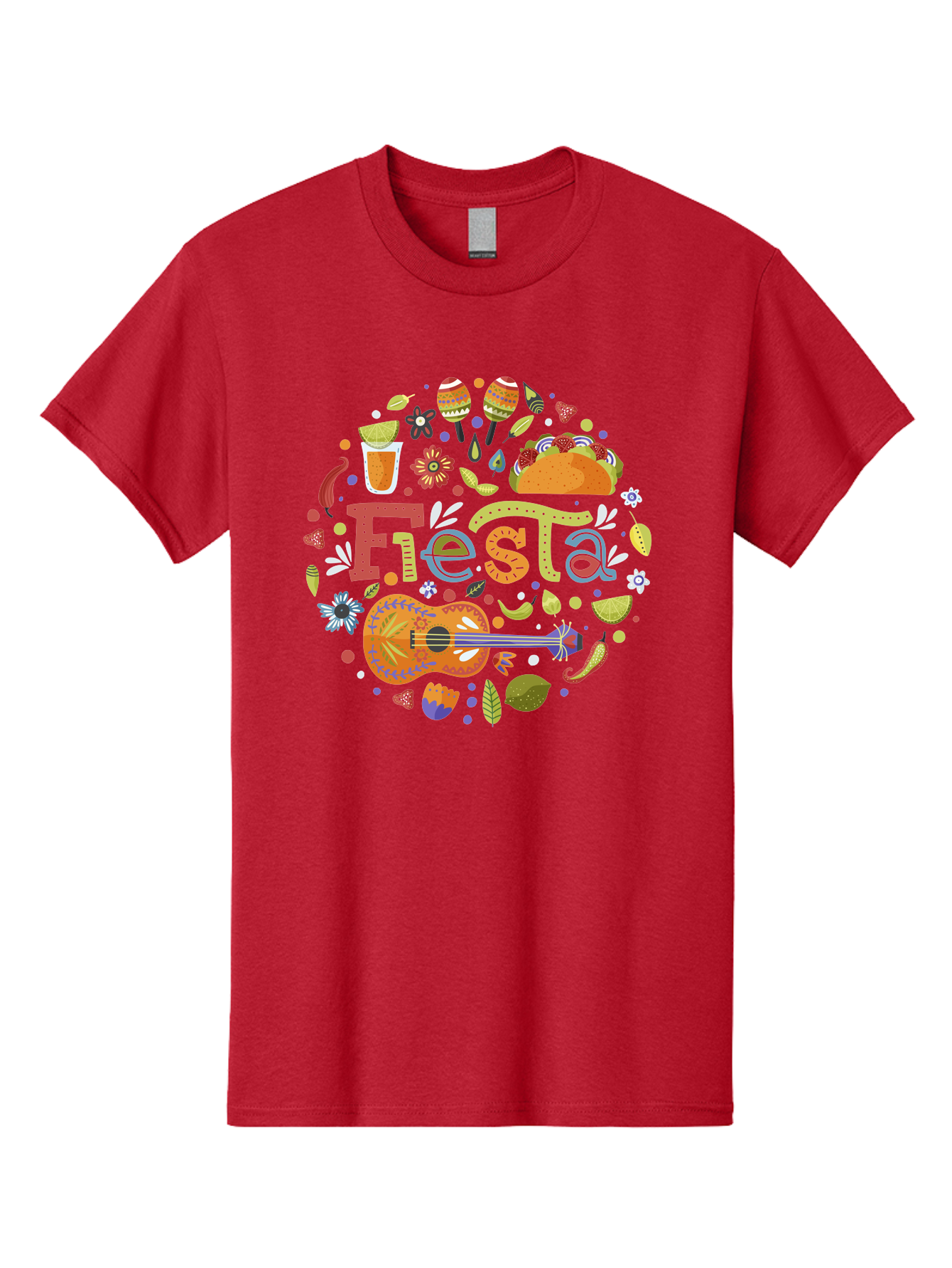 Festa Men'S Graphic Tee, 100% Cotton, Comfortable Casual Summer Wear, Machine Washable, Festival Vibes, Colorful Illustration, Mexican Food, Drinks, Flowers, Guitar, Maracas, Lively Celebration, Vibrant Colors, Festive Atmosphere, Party, -  Aaa242