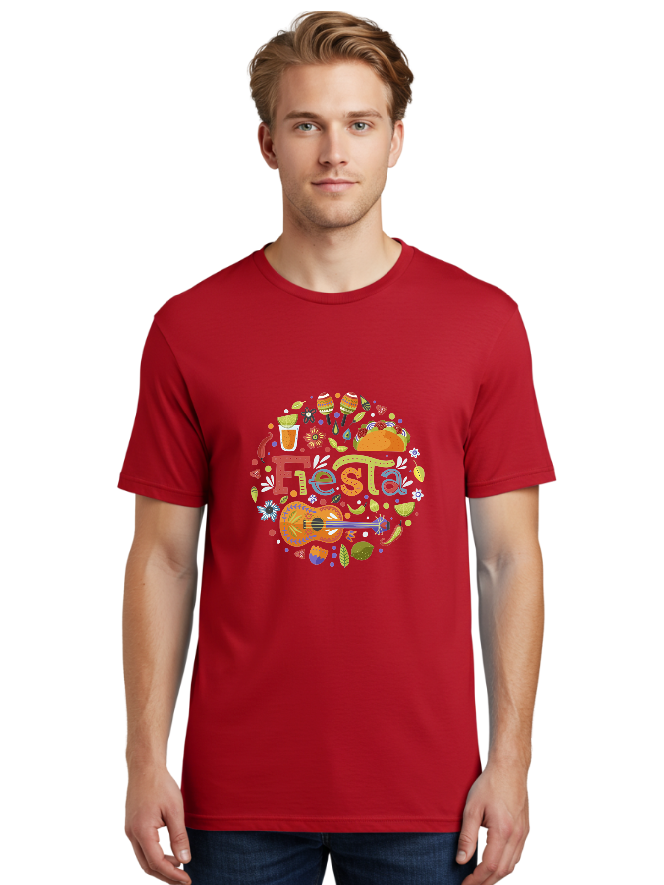 Festa Men'S Graphic Tee, 100% Cotton, Comfortable Casual Summer Wear, Machine Washable, Festival Vibes, Colorful Illustration, Mexican Food, Drinks, Flowers, Guitar, Maracas, Lively Celebration, Vibrant Colors, Festive Atmosphere, Party, -  Aaa242