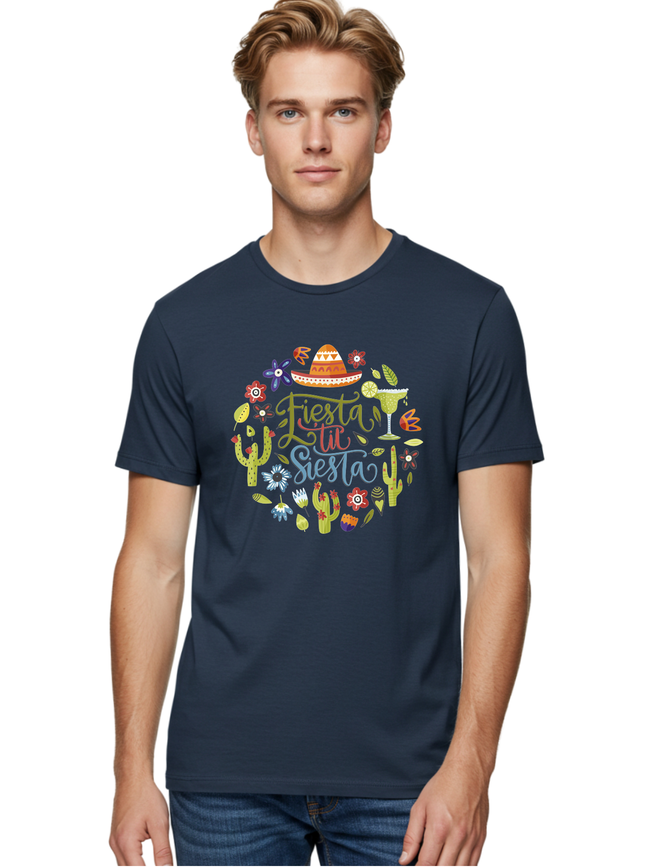 Fiesta-Till-Siesta Men'S Graphic Tee, 100% Cotton, Comfortable Casual Summer Wear, Machine Washable, Fiesta, Siesta, Colorful Flowers, Cacti, Sombrero, Margarita Glass, Margarita, Party, Celebration, Mexican Culture, Vibrant Colors, -  Aaa247