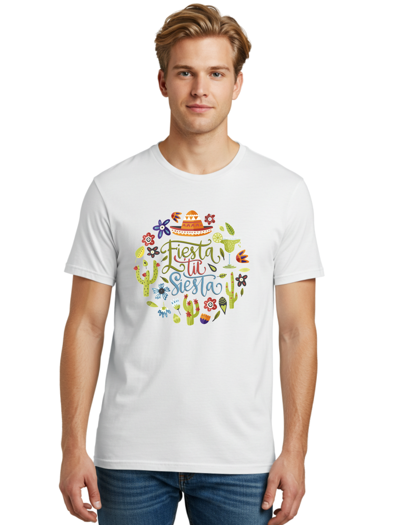 Fiesta-Till-Siesta Men'S Graphic Tee, 100% Cotton, Comfortable Casual Summer Wear, Machine Washable, Fiesta, Siesta, Colorful Flowers, Cacti, Sombrero, Margarita Glass, Margarita, Party, Celebration, Mexican Culture, Vibrant Colors, -  Aaa247