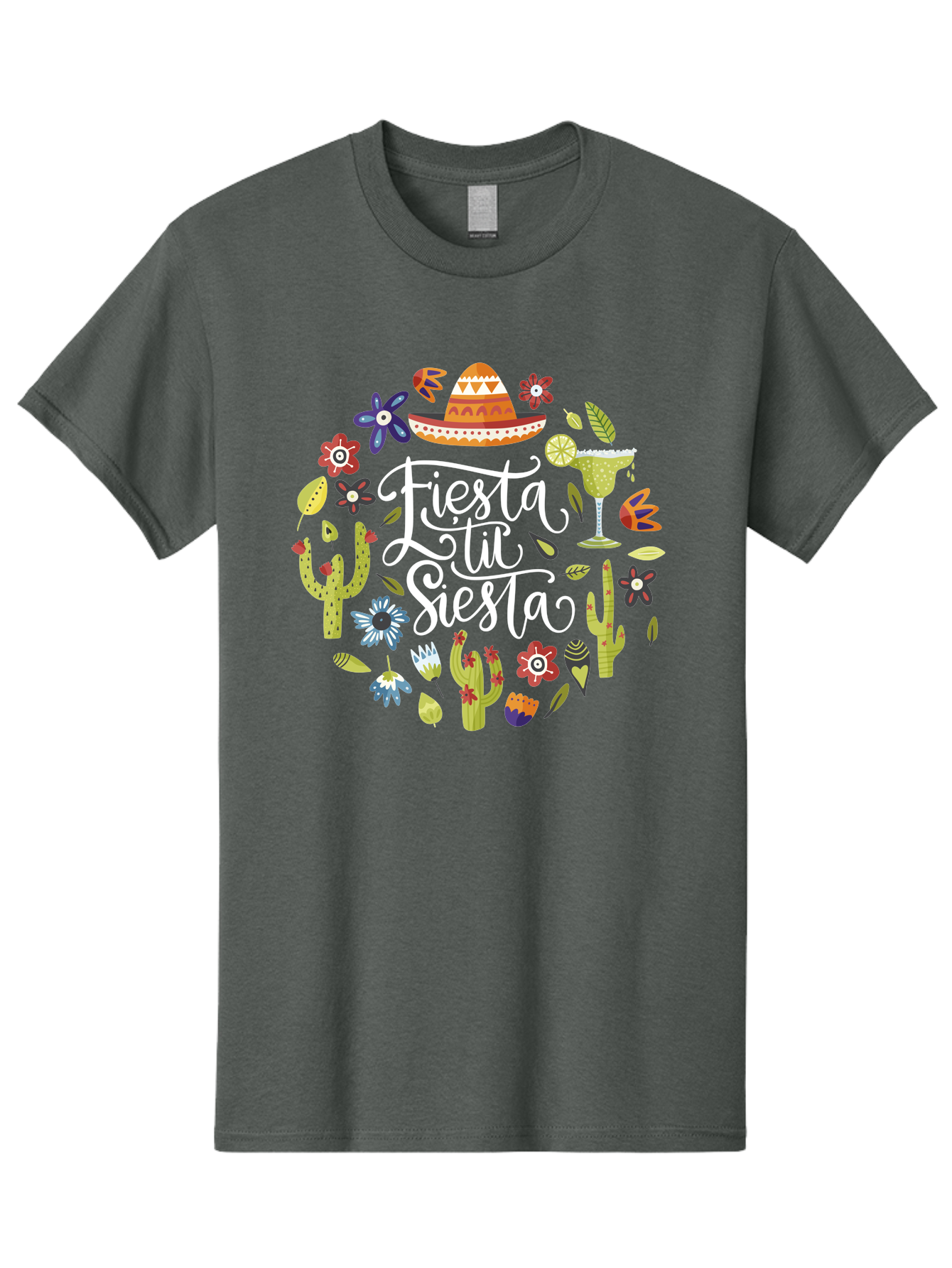 Fiesta-Tu-Siesta Men'S Graphic Tee, 100% Cotton, Comfortable Casual Summer Wear, Machine Washable, Fiesta Theme, Mexican Vacation, Margarita Cocktail, Sombrero Hat, Cacti Flowers, Colorful Decor, Party Celebration, Latino Culture, -  Aaa248