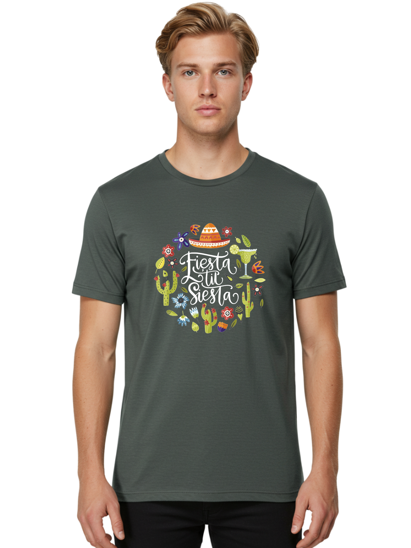Fiesta-Tu-Siesta Men'S Graphic Tee, 100% Cotton, Comfortable Casual Summer Wear, Machine Washable, Fiesta Theme, Mexican Vacation, Margarita Cocktail, Sombrero Hat, Cacti Flowers, Colorful Decor, Party Celebration, Latino Culture, -  Aaa248