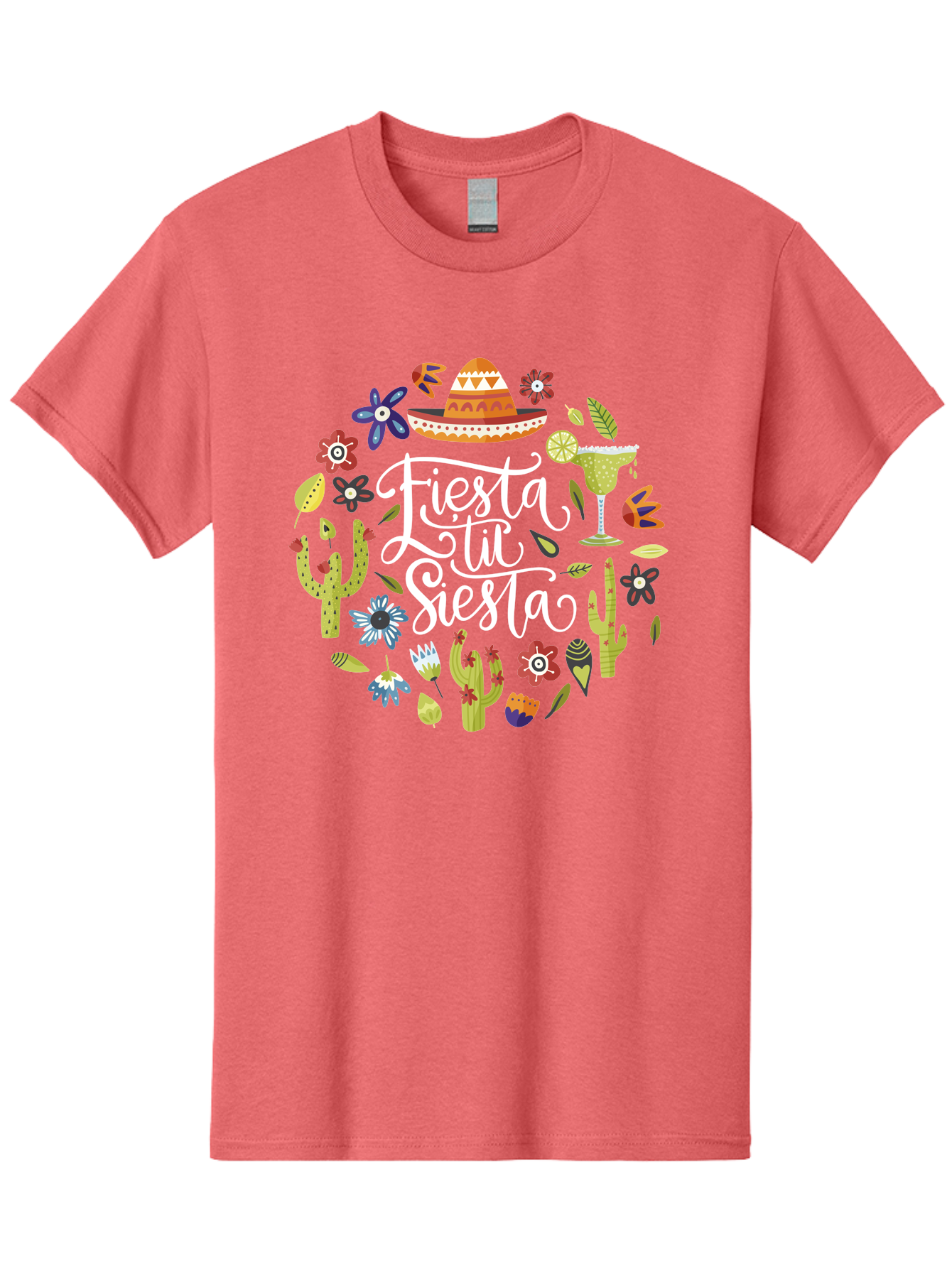 Fiesta-Tu-Siesta Men'S Graphic Tee, 100% Cotton, Comfortable Casual Summer Wear, Machine Washable, Fiesta Theme, Mexican Vacation, Margarita Cocktail, Sombrero Hat, Cacti Flowers, Colorful Decor, Party Celebration, Latino Culture, -  Aaa248