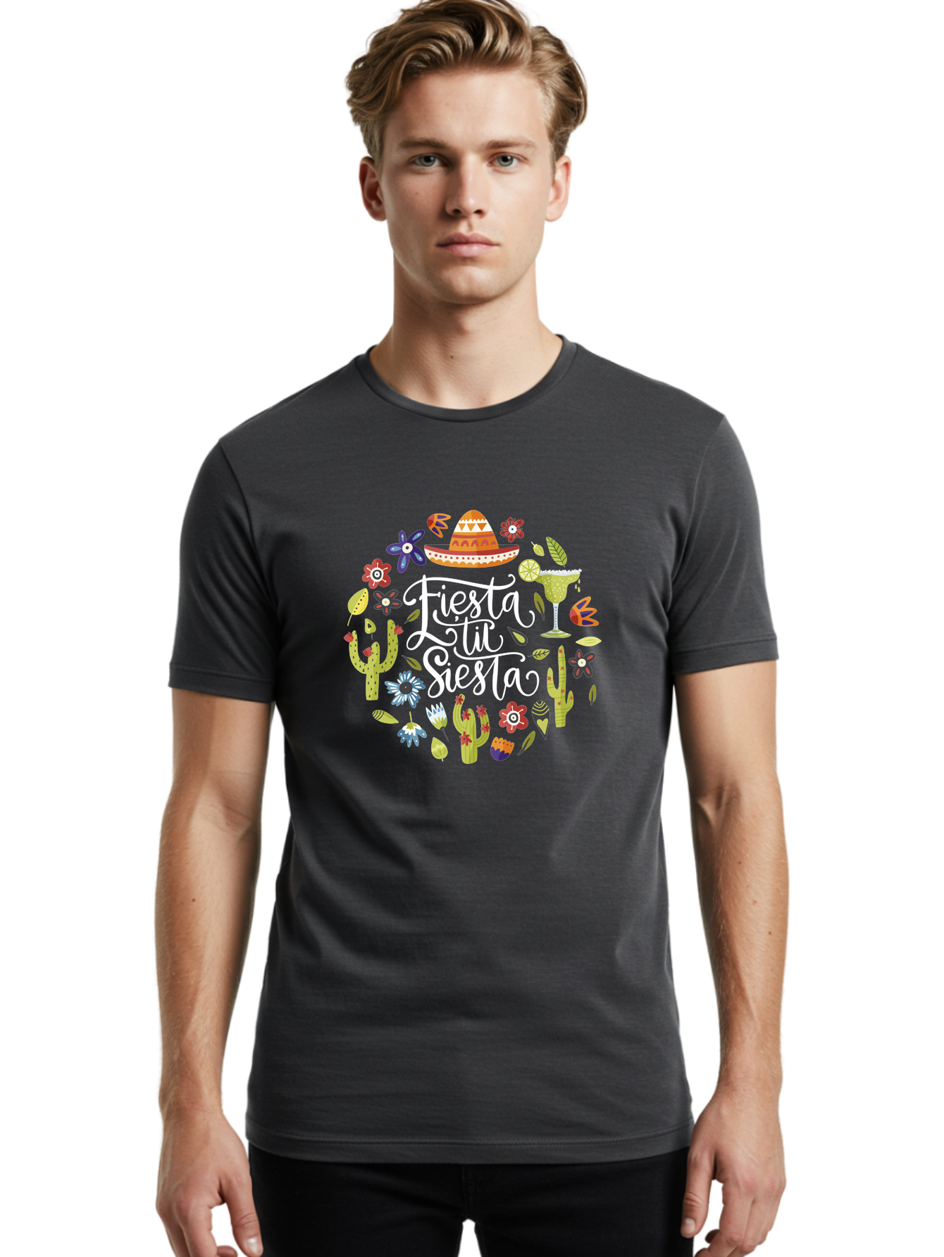 Fiesta-Tu-Siesta Men'S Graphic Tee, 100% Cotton, Comfortable Casual Summer Wear, Machine Washable, Fiesta Theme, Mexican Vacation, Margarita Cocktail, Sombrero Hat, Cacti Flowers, Colorful Decor, Party Celebration, Latino Culture, -  Aaa248