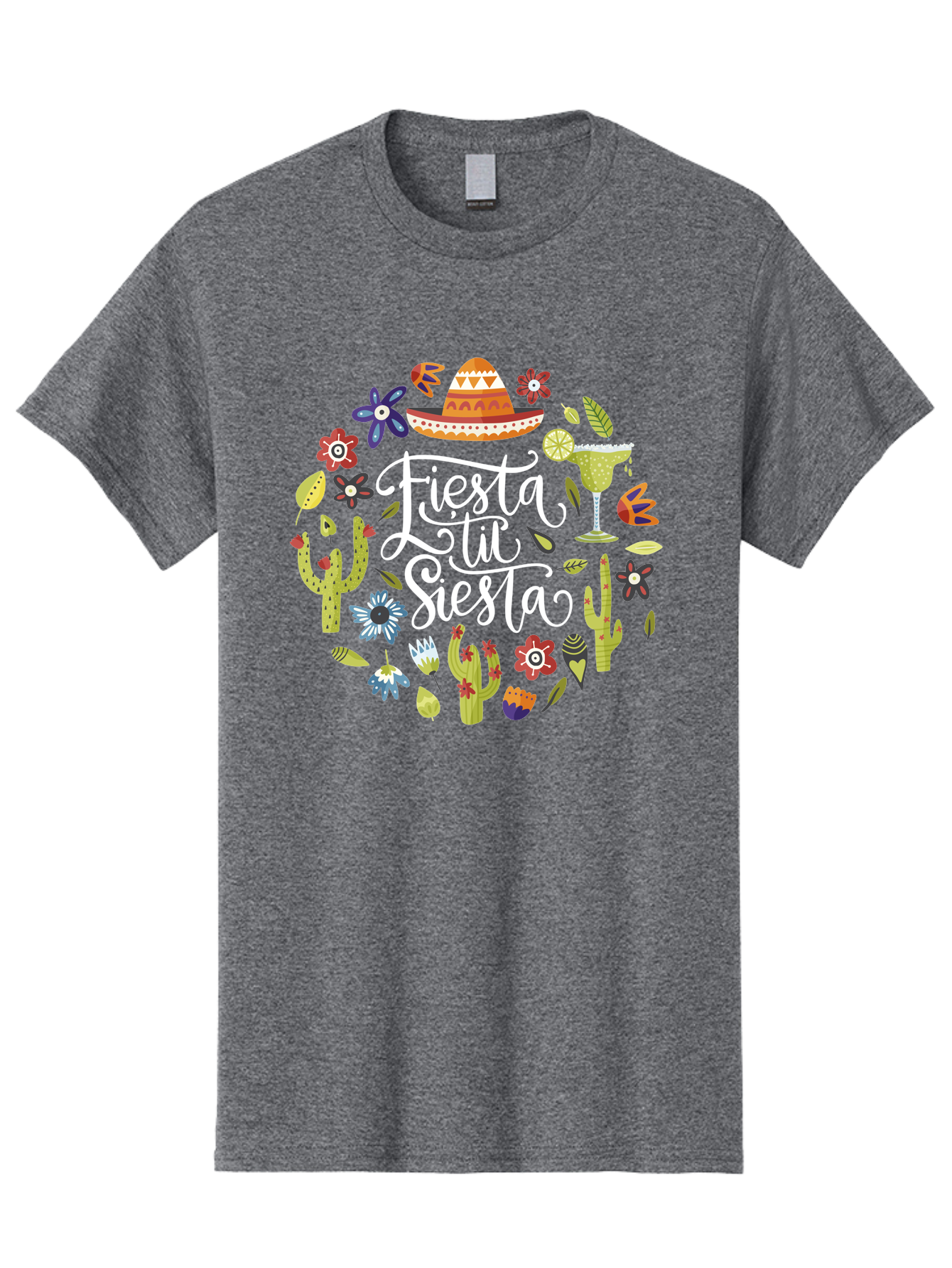Fiesta-Tu-Siesta Men'S Graphic Tee, 100% Cotton, Comfortable Casual Summer Wear, Machine Washable, Fiesta Theme, Mexican Vacation, Margarita Cocktail, Sombrero Hat, Cacti Flowers, Colorful Decor, Party Celebration, Latino Culture, -  Aaa248
