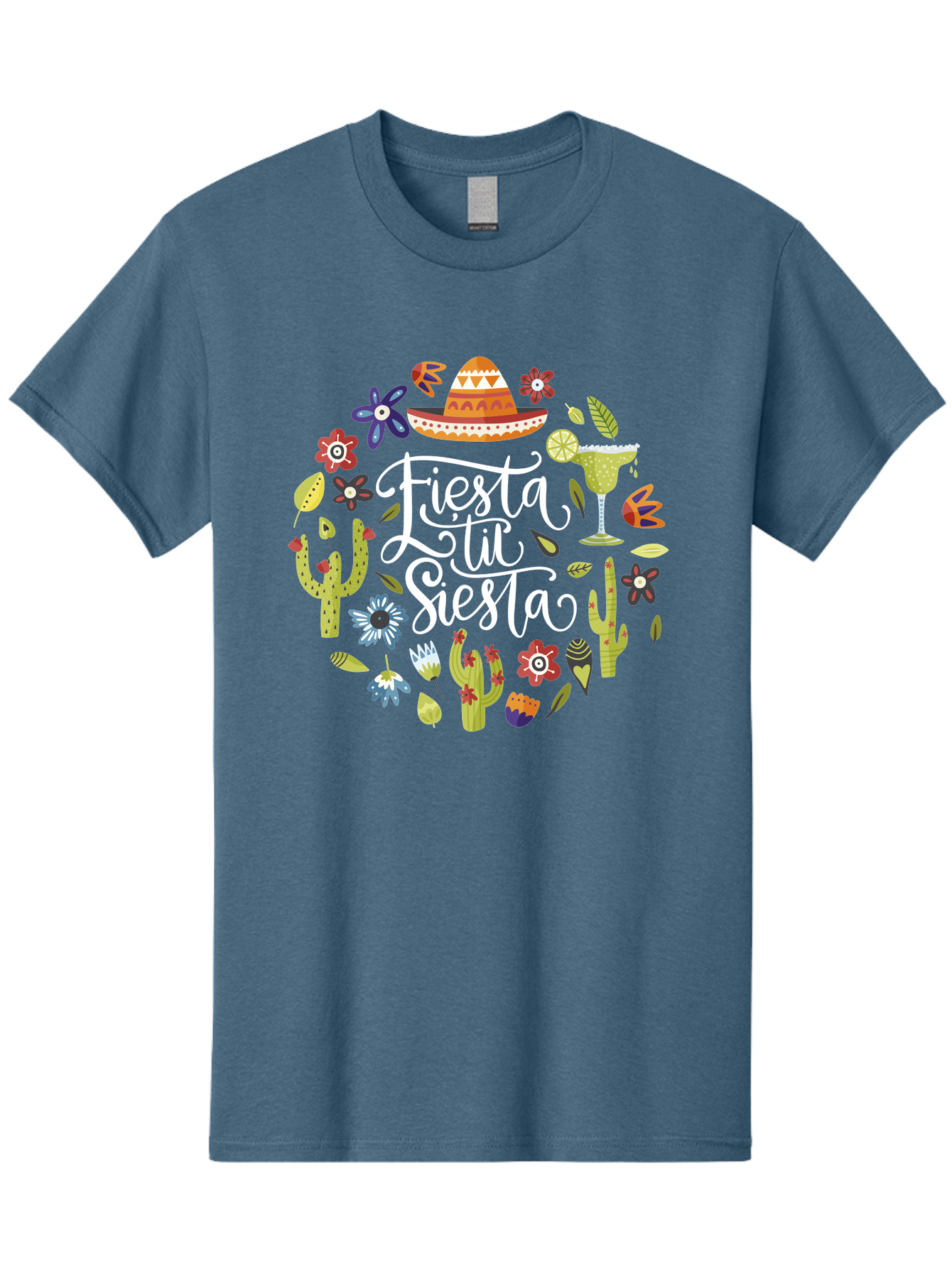 Fiesta-Tu-Siesta Men'S Graphic Tee, 100% Cotton, Comfortable Casual Summer Wear, Machine Washable, Fiesta Theme, Mexican Vacation, Margarita Cocktail, Sombrero Hat, Cacti Flowers, Colorful Decor, Party Celebration, Latino Culture, -  Aaa248