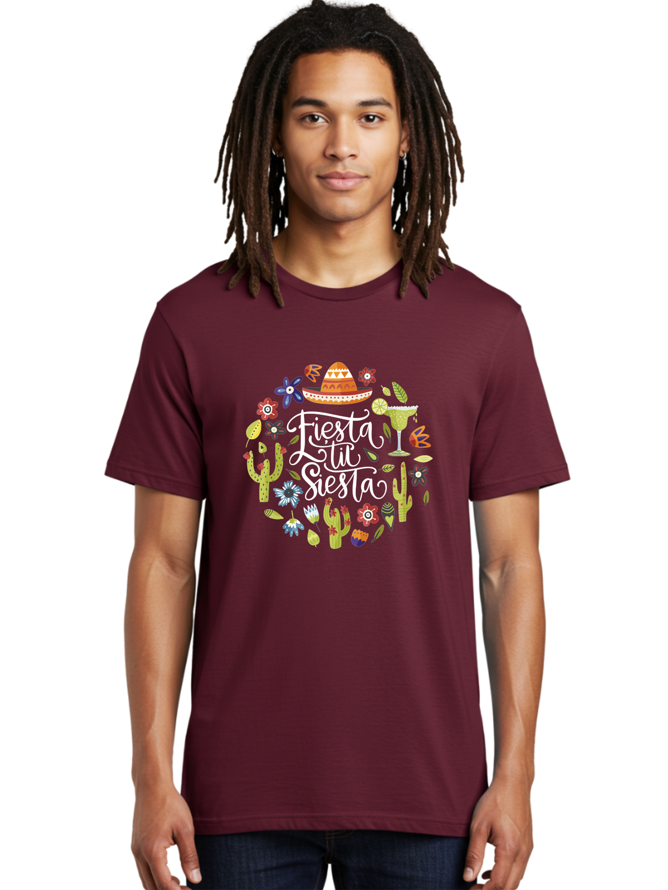 Fiesta-Tu-Siesta Men'S Graphic Tee, 100% Cotton, Comfortable Casual Summer Wear, Machine Washable, Fiesta Theme, Mexican Vacation, Margarita Cocktail, Sombrero Hat, Cacti Flowers, Colorful Decor, Party Celebration, Latino Culture, -  Aaa248