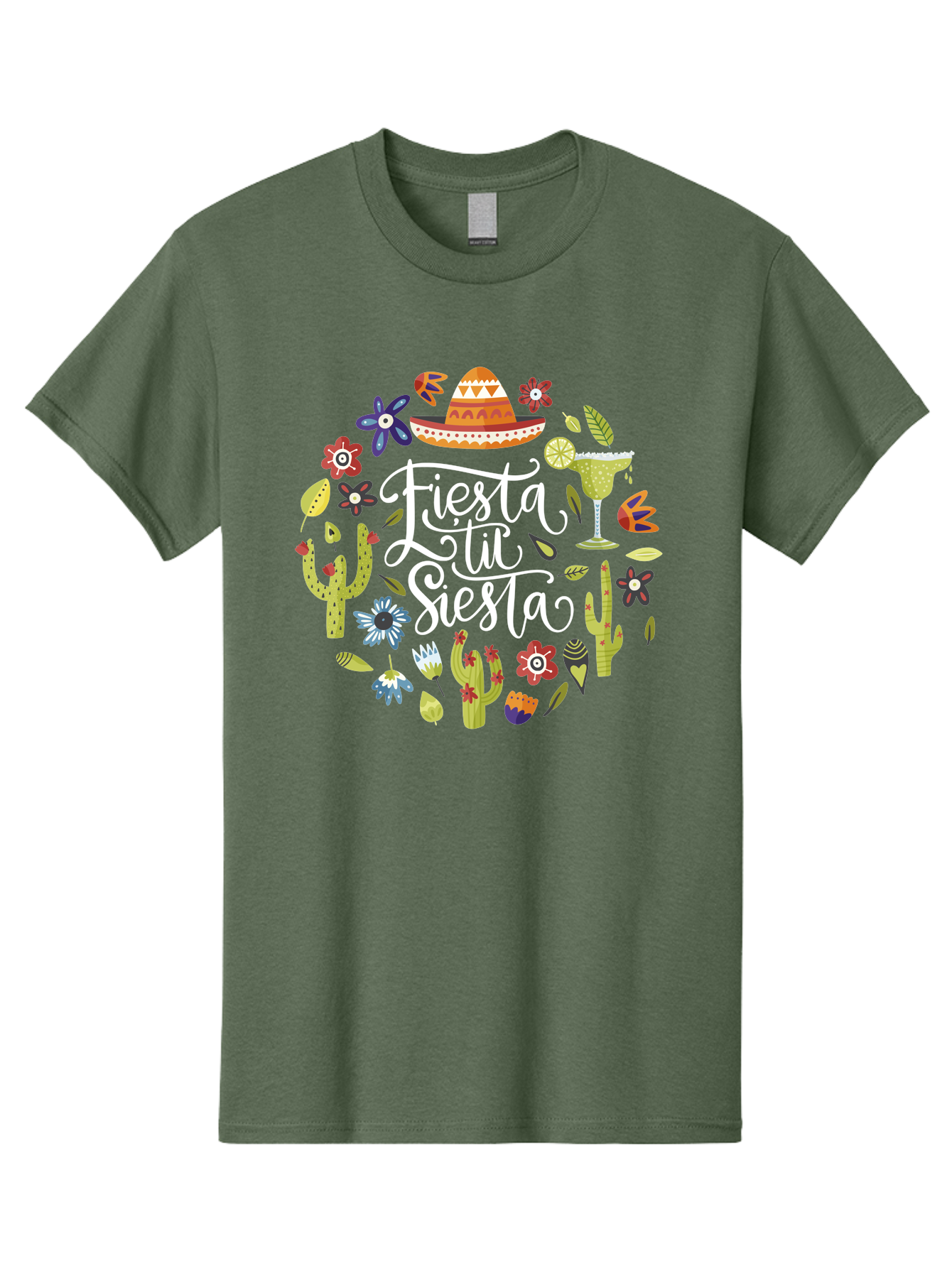 Fiesta-Tu-Siesta Men'S Graphic Tee, 100% Cotton, Comfortable Casual Summer Wear, Machine Washable, Fiesta Theme, Mexican Vacation, Margarita Cocktail, Sombrero Hat, Cacti Flowers, Colorful Decor, Party Celebration, Latino Culture, -  Aaa248