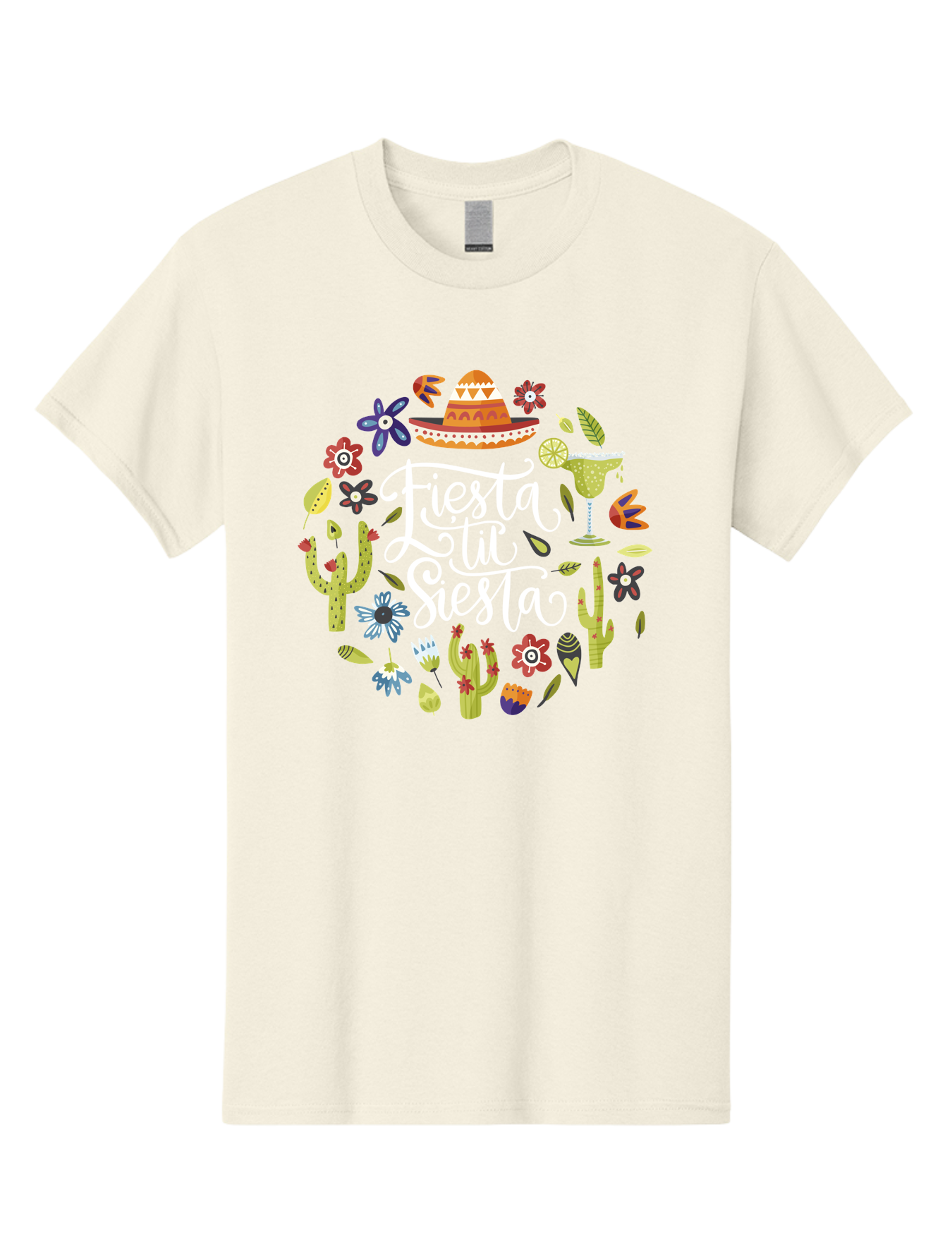 Fiesta-Tu-Siesta Men'S Graphic Tee, 100% Cotton, Comfortable Casual Summer Wear, Machine Washable, Fiesta Theme, Mexican Vacation, Margarita Cocktail, Sombrero Hat, Cacti Flowers, Colorful Decor, Party Celebration, Latino Culture, -  Aaa248