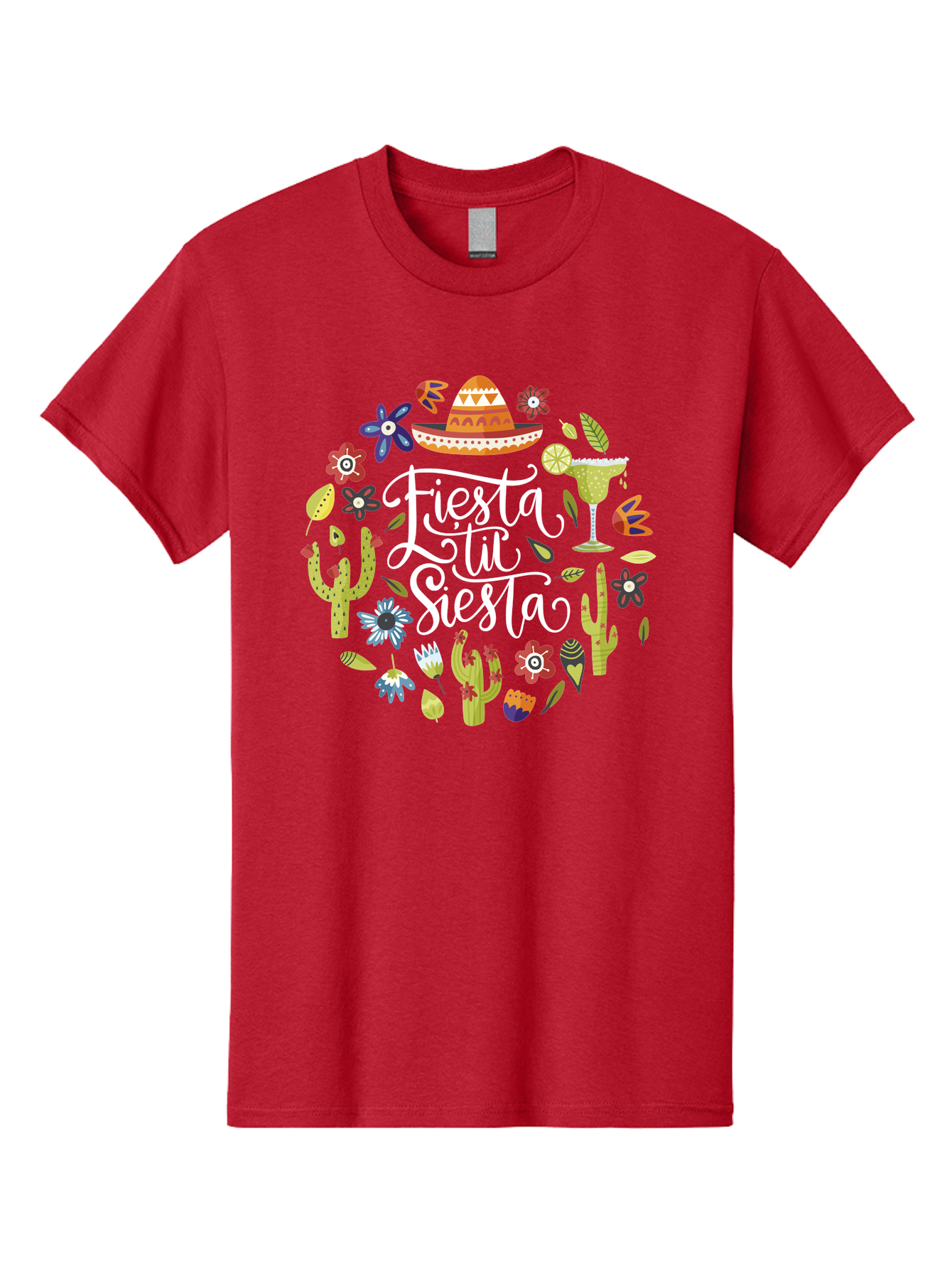 Fiesta-Tu-Siesta Men'S Graphic Tee, 100% Cotton, Comfortable Casual Summer Wear, Machine Washable, Fiesta Theme, Mexican Vacation, Margarita Cocktail, Sombrero Hat, Cacti Flowers, Colorful Decor, Party Celebration, Latino Culture, -  Aaa248