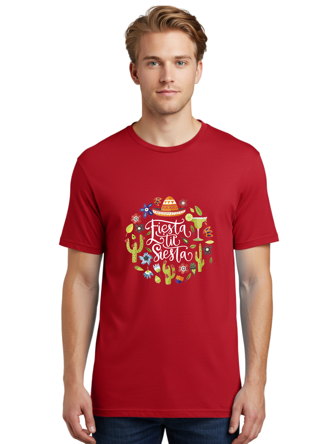 Fiesta-Tu-Siesta Men'S Graphic Tee, 100% Cotton, Comfortable Casual Summer Wear, Machine Washable, Fiesta Theme, Mexican Vacation, Margarita Cocktail, Sombrero Hat, Cacti Flowers, Colorful Decor, Party Celebration, Latino Culture, -  Aaa248