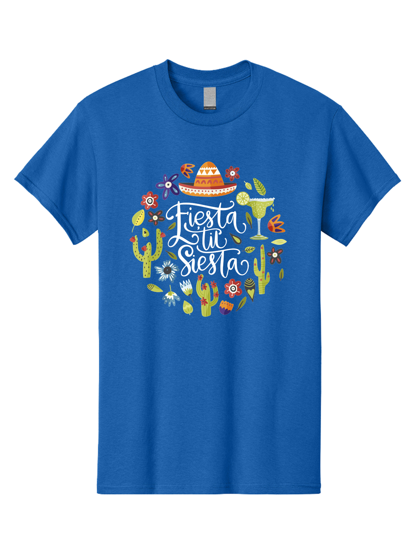 Fiesta-Tu-Siesta Men'S Graphic Tee, 100% Cotton, Comfortable Casual Summer Wear, Machine Washable, Fiesta Theme, Mexican Vacation, Margarita Cocktail, Sombrero Hat, Cacti Flowers, Colorful Decor, Party Celebration, Latino Culture, -  Aaa248