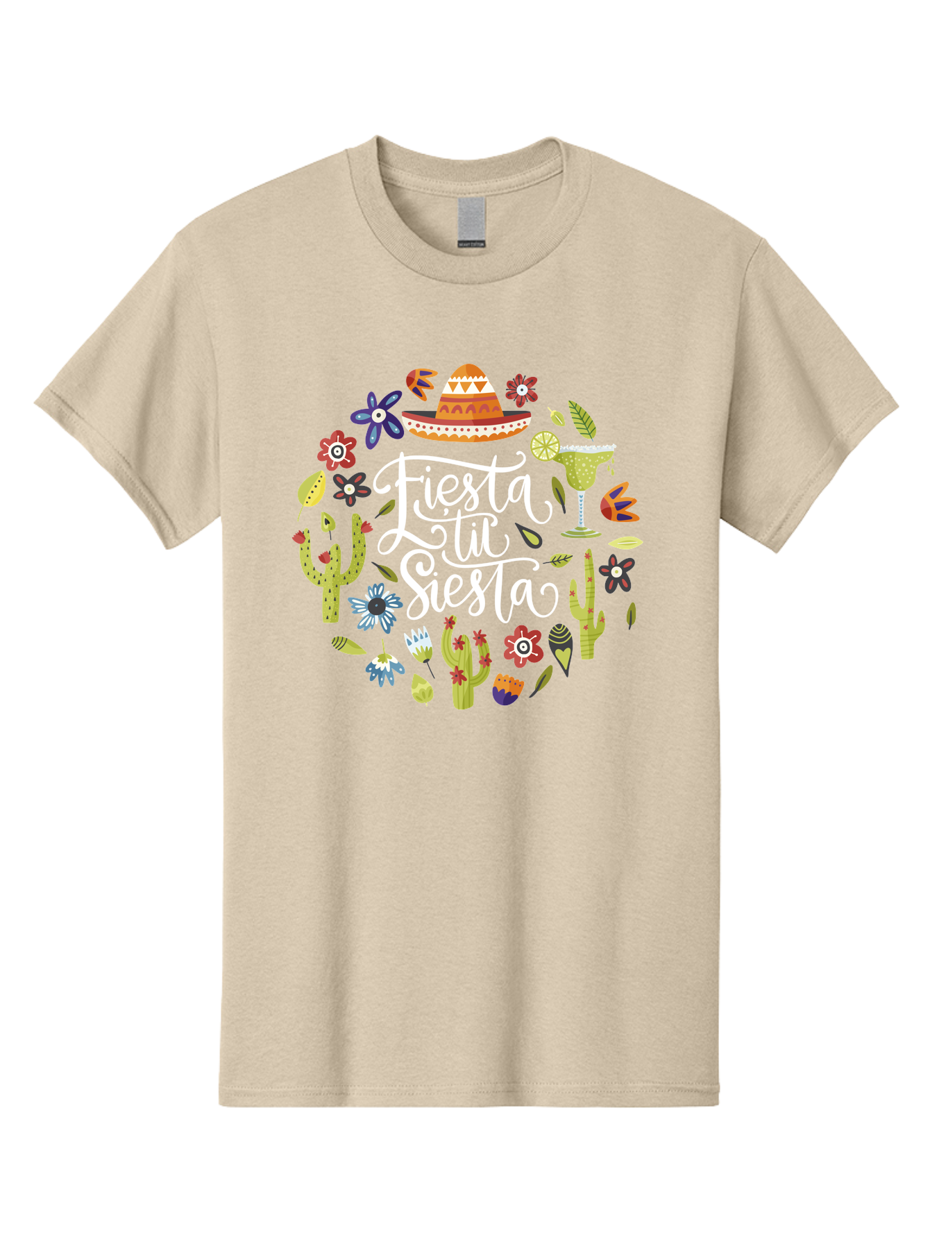 Fiesta-Tu-Siesta Men'S Graphic Tee, 100% Cotton, Comfortable Casual Summer Wear, Machine Washable, Fiesta Theme, Mexican Vacation, Margarita Cocktail, Sombrero Hat, Cacti Flowers, Colorful Decor, Party Celebration, Latino Culture, -  Aaa248