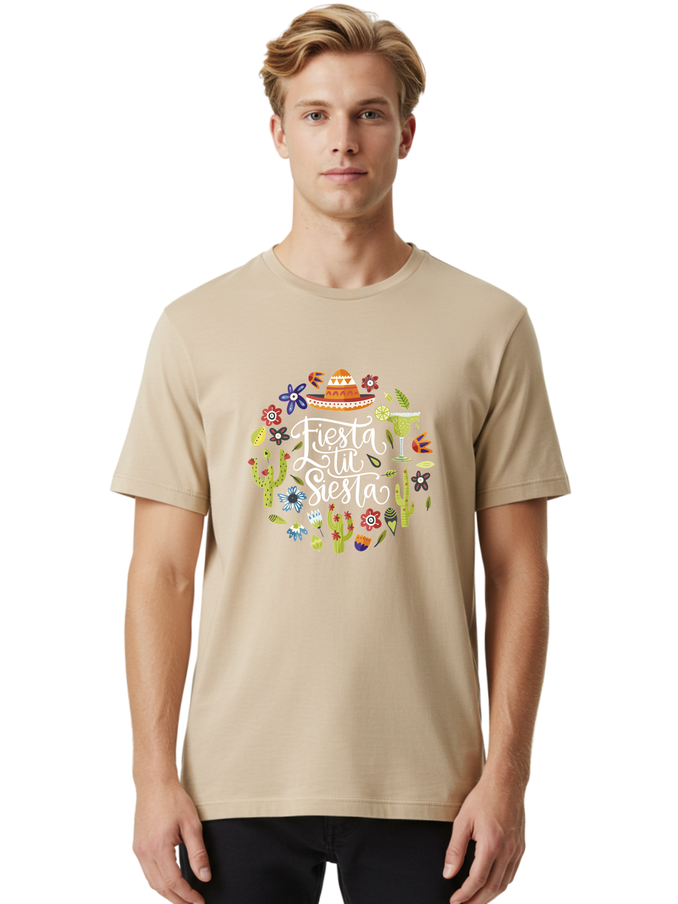 Fiesta-Tu-Siesta Men'S Graphic Tee, 100% Cotton, Comfortable Casual Summer Wear, Machine Washable, Fiesta Theme, Mexican Vacation, Margarita Cocktail, Sombrero Hat, Cacti Flowers, Colorful Decor, Party Celebration, Latino Culture, -  Aaa248