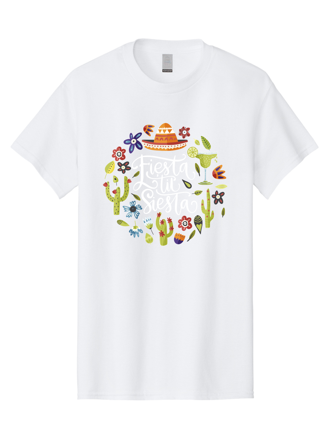 Fiesta-Tu-Siesta Men'S Graphic Tee, 100% Cotton, Comfortable Casual Summer Wear, Machine Washable, Fiesta Theme, Mexican Vacation, Margarita Cocktail, Sombrero Hat, Cacti Flowers, Colorful Decor, Party Celebration, Latino Culture, -  Aaa248