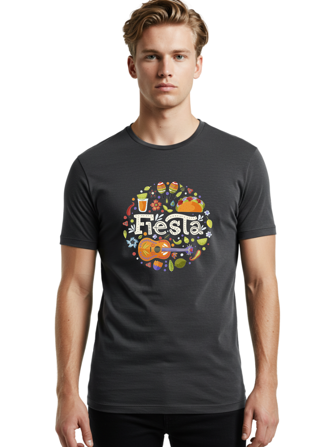 Fiesta Men'S Graphic Tee, 100% Cotton, Comfortable Casual Summer Wear, Machine Washable, Latin American Party, Festive Celebration, Traditional Food, Folk Music, Vibrant Culture, Colorful Flowers, Lively Atmosphere, Dance And Music, -  Aaa249