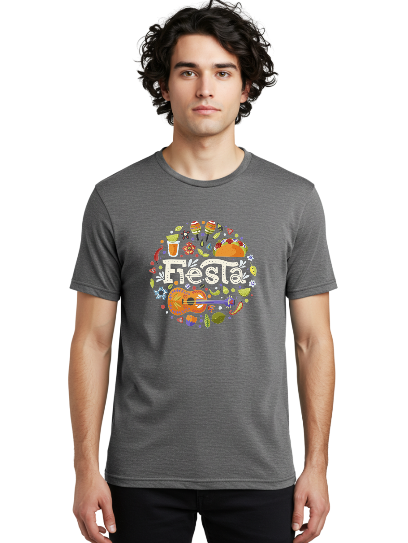 Fiesta Men'S Graphic Tee, 100% Cotton, Comfortable Casual Summer Wear, Machine Washable, Latin American Party, Festive Celebration, Traditional Food, Folk Music, Vibrant Culture, Colorful Flowers, Lively Atmosphere, Dance And Music, -  Aaa249