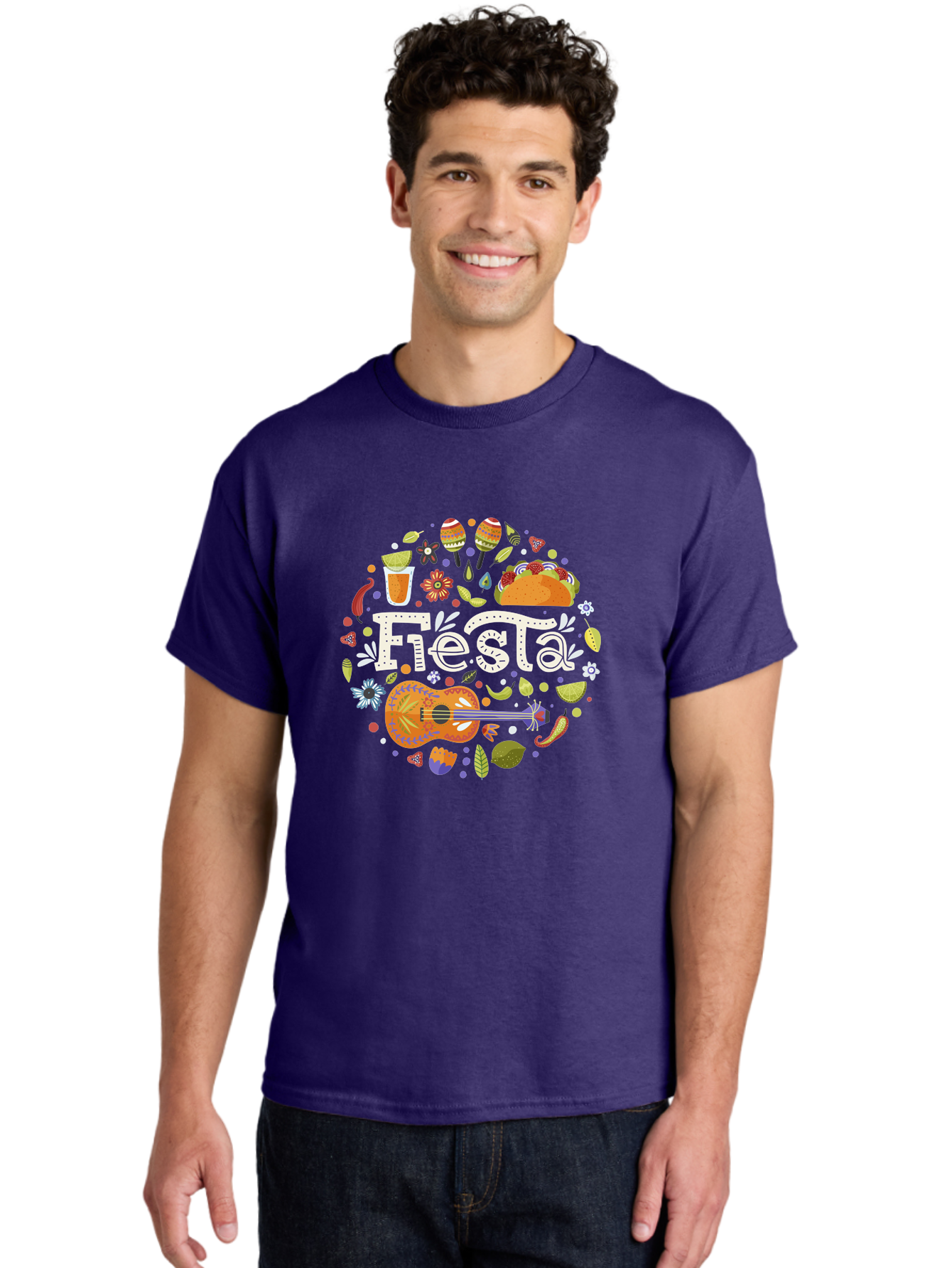 Fiesta Men'S Graphic Tee, 100% Cotton, Comfortable Casual Summer Wear, Machine Washable, Latin American Party, Festive Celebration, Traditional Food, Folk Music, Vibrant Culture, Colorful Flowers, Lively Atmosphere, Dance And Music, -  Aaa249