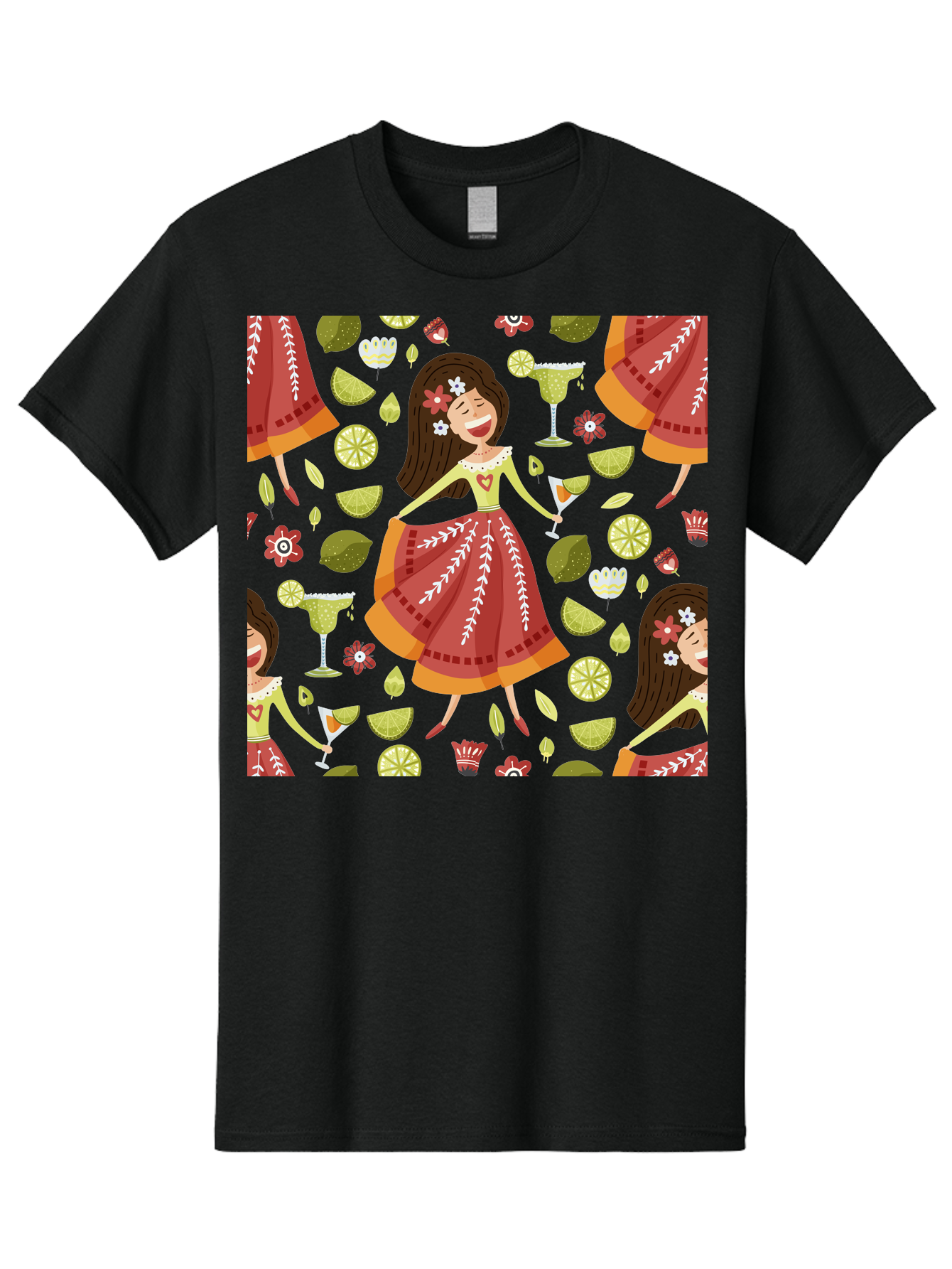 Hula-Girl Men'S Graphic Tee, 100% Cotton, Comfortable Casual Summer Wear, Machine Washable, Hula Girl, Hawaiian Dance, Margarita Cocktails, Citrus Fruits, Floral Patterns, Tropical Leaves, Dancing Woman, Festive Atmosphere, Joyful Moments, -  Aaa255